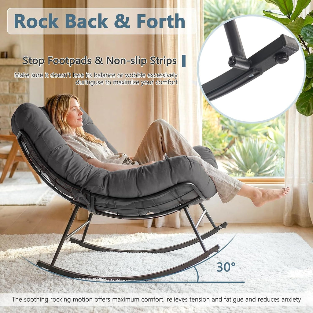 Cushioned Rocking Papasan Chair for Outdoor Indoor, Oversized Outdoor Rocking Chair with Cushion, Egg Rocker for Patio, Porch, Balcony, Lawn, Bedroom, Living Room, Gray