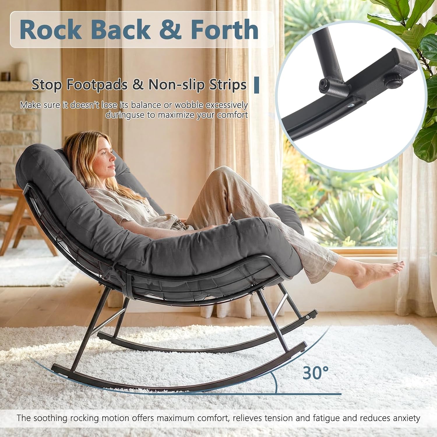 Oversized Outdoor Rocking Chairs Set of 2 with Wicker Side Table, Thick Cushioned Rocking Papasan Chair with End Table, 3PCS Oversized Egg Chair Set for Patio, Porch, Balcony, Grey