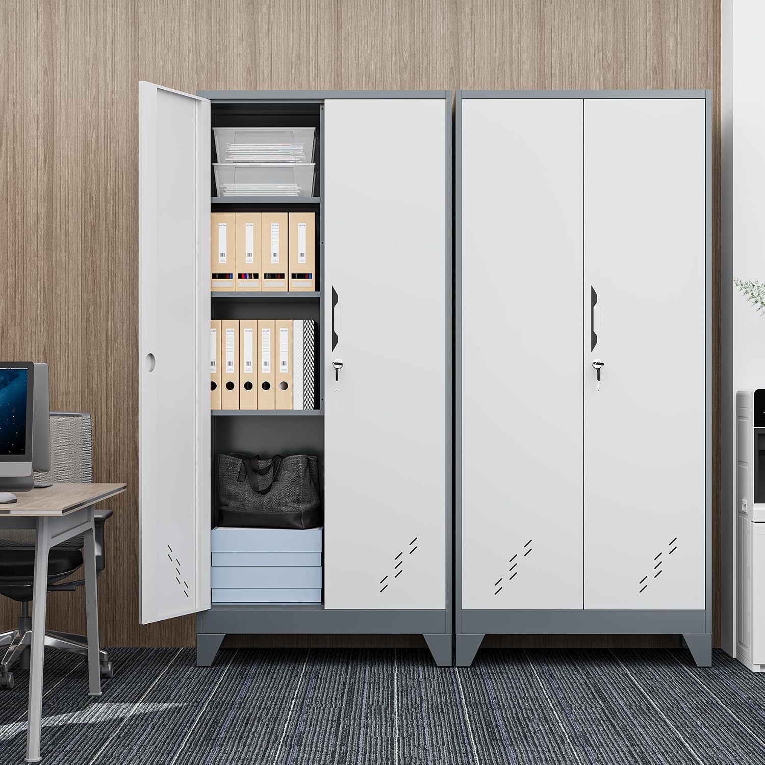 61' Metal Storage Cabinet with Lockable Doors, Cleaning Supply Cabinet with Pegboard and Hanging Rod. Garage Tool Storage Cabinets for Home, Laundry, Office, Home Kitchen Utility Cabinet
