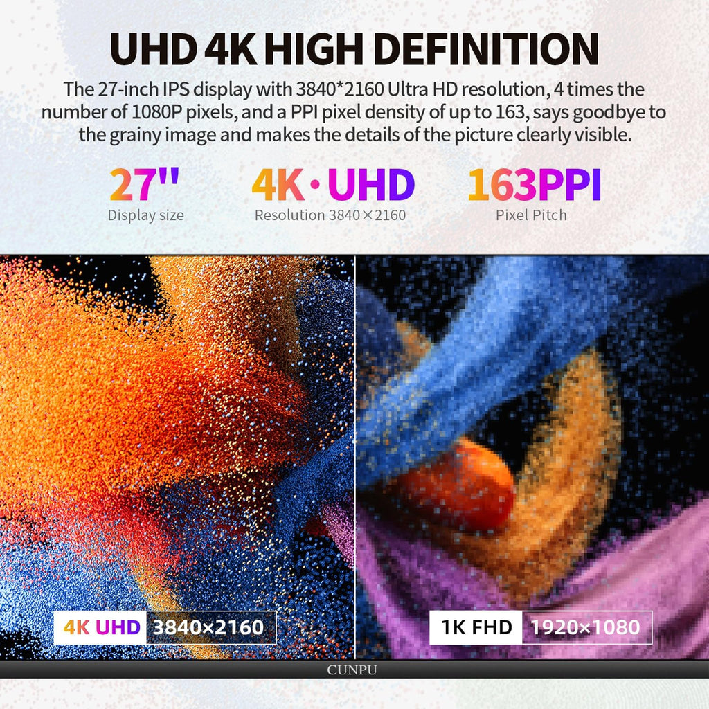 CUNPU 27 Inch 4K 70Hz Monitor, UHD (3840 * 2160) IPS Ultra-Slim Bezel Monitor for Photo Video Editing, ΔE < 2, 100% DCI-P3, 1.07B+ Colors, PIP-PBP, Adaptive Sync, DP/HDMI, Black