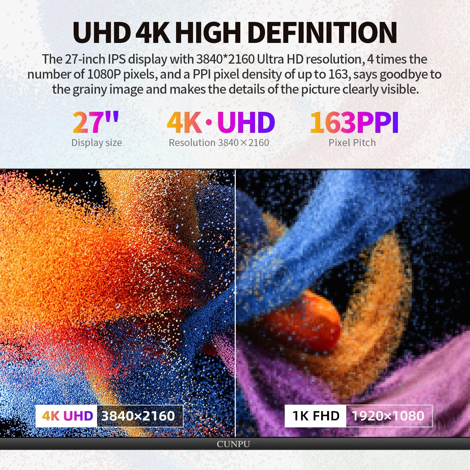 CUNPU 27 Inch 4K 70Hz Monitor, UHD (3840 * 2160) IPS Ultra-Slim Bezel Monitor for Photo Video Editing, ΔE < 2, 100% DCI-P3, 1.07B+ Colors, PIP-PBP, Adaptive Sync, DP/HDMI, Black