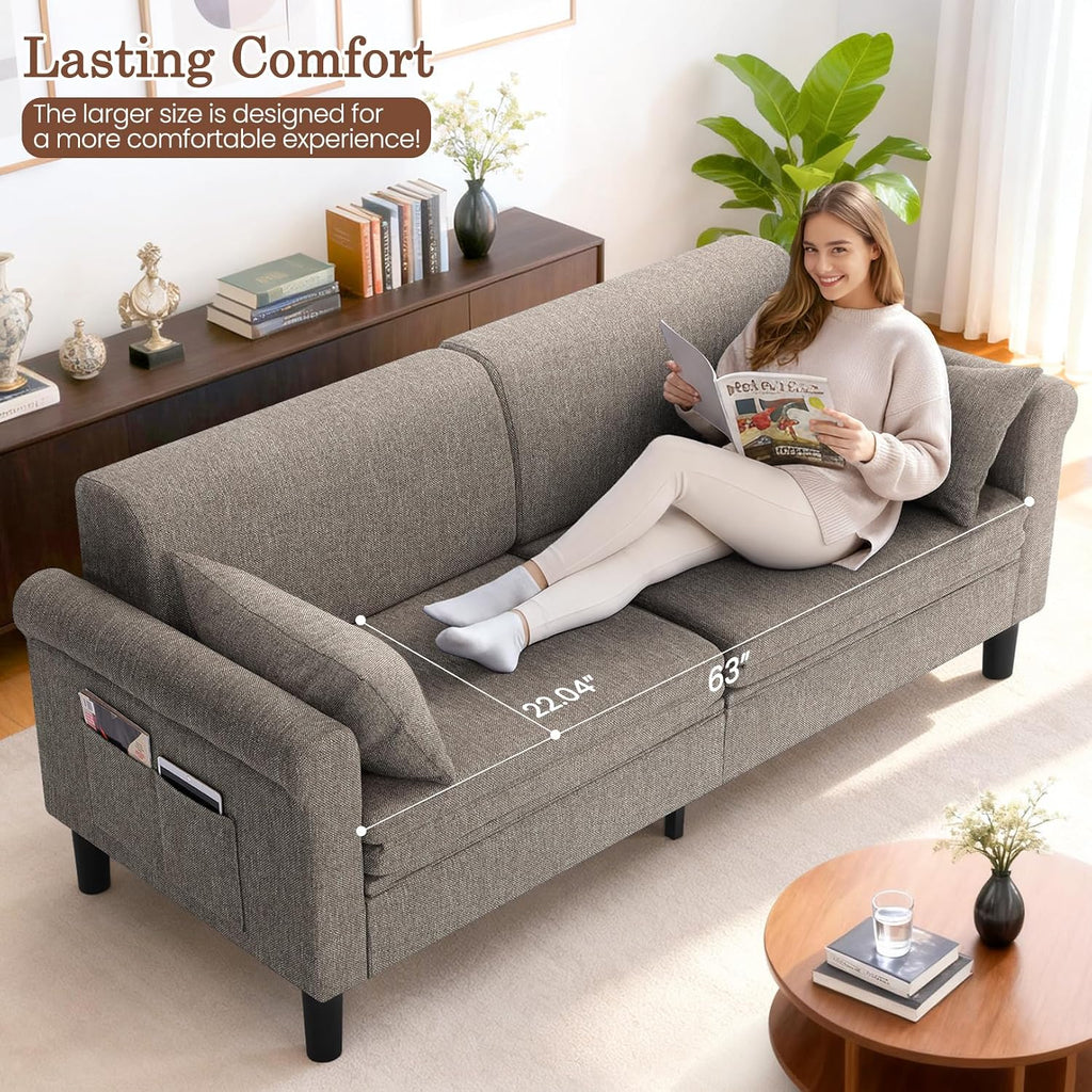 SEJOV 74' Convertible Sofa Bed, 5-in-1 Loveseat Sleeper Sofas with Pull Out Couch Bed, Storage Pockets & 2 Pillows, Modern Folding Linen Futon Couch for Living Room, Bedroom, Small Space, Brown