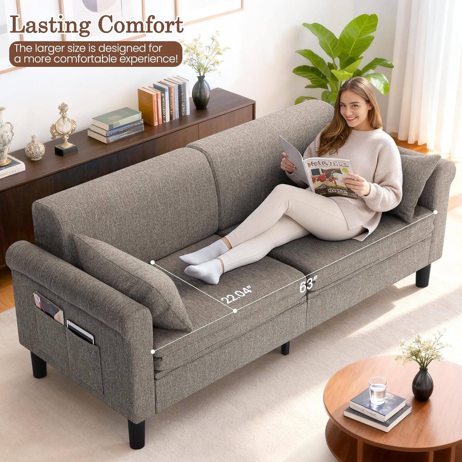 SEJOV 74' Convertible Sofa Bed, 5-in-1 Loveseat Sleeper Sofas with Pull Out Couch Bed, Storage Pockets & 2 Pillows, Modern Folding Linen Futon Couch for Living Room, Bedroom, Small Space, Brown