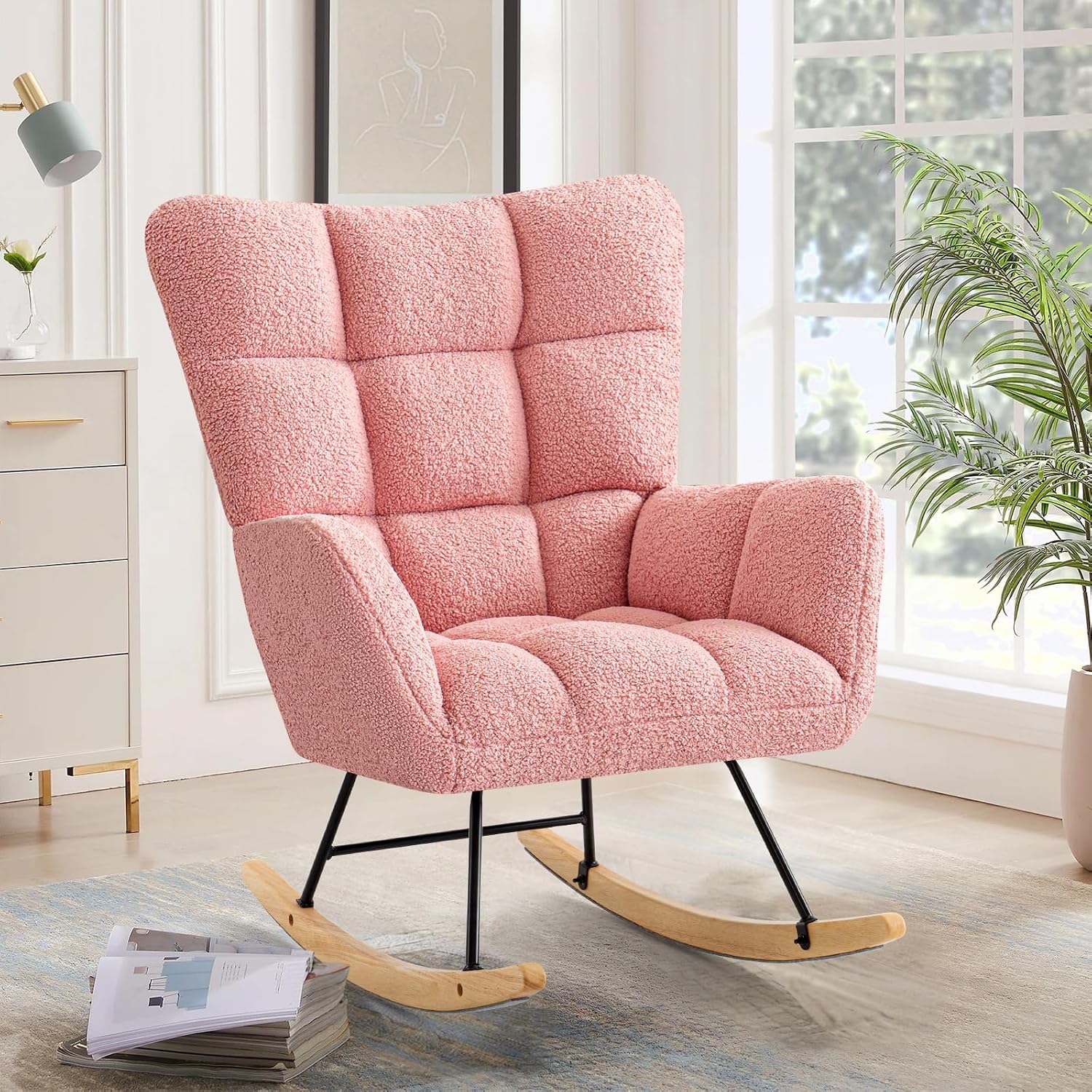 Furniliving Nursery Rocking Chair Upholstered Glider Rocking Chair Modern Accent Chair Padded Seat Reading Chair with High Backrest Comfy Chair for Living Room, Bedroom, Nursery, Pink, Teddy, 2