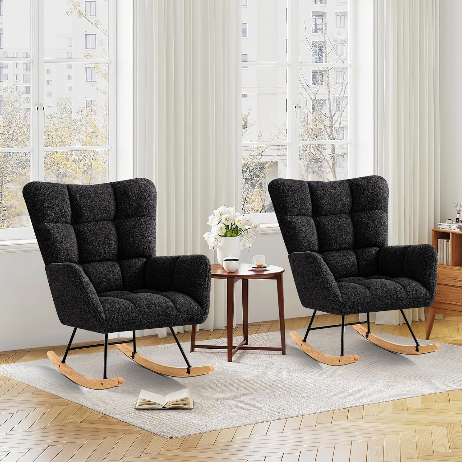 Furniliving Nursery Rocking Chair Upholstered Glider Rocking Chair Modern Accent Chair Padded Seat Reading Chair with High Backrest Comfy Chair for Living Room, Bedroom, Nursery, Black, Teddy