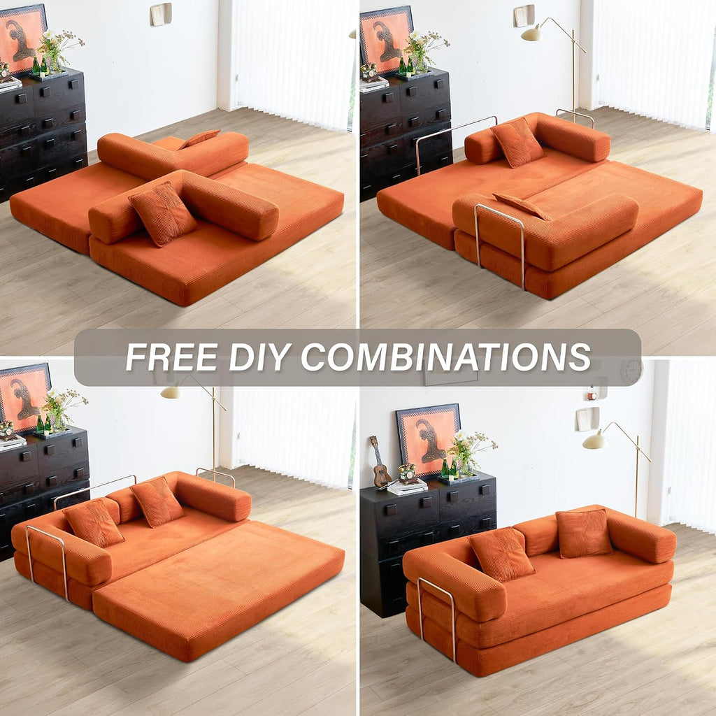 YINIX Foldable Sofa Bed, 78'' Folding Floor Couch, Compressed Convertable Sleeper Sofa, Memory Foam Couch with Pillow Back Support Armrest, 4-in-1 Futon Sofa Bed for Living Room, Orange
