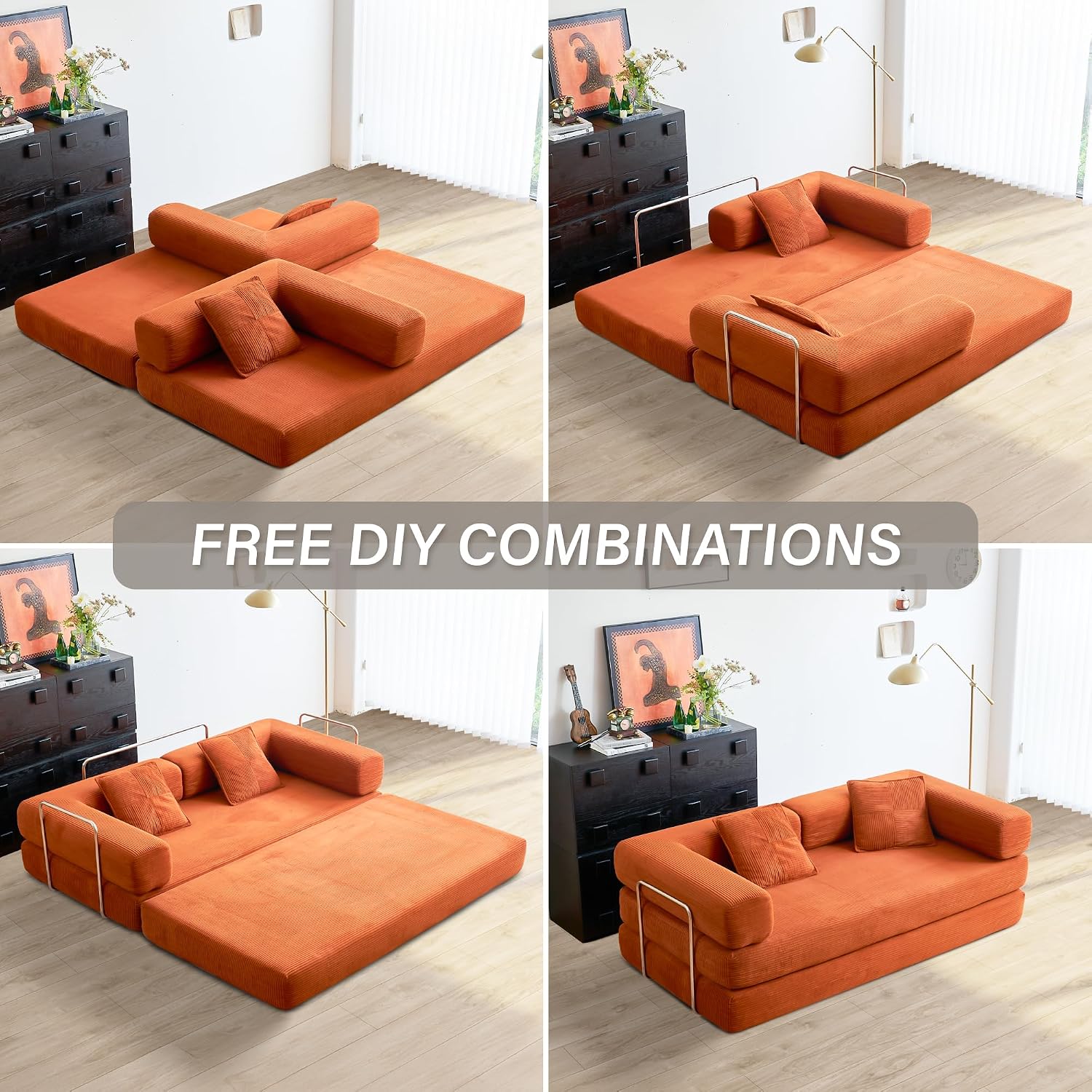 YINIX Foldable Sofa Bed, 78'' Folding Floor Couch, Compressed Convertable Sleeper Sofa, Memory Foam Couch with Pillow Back Support Armrest, 4-in-1 Futon Sofa Bed for Living Room, Orange