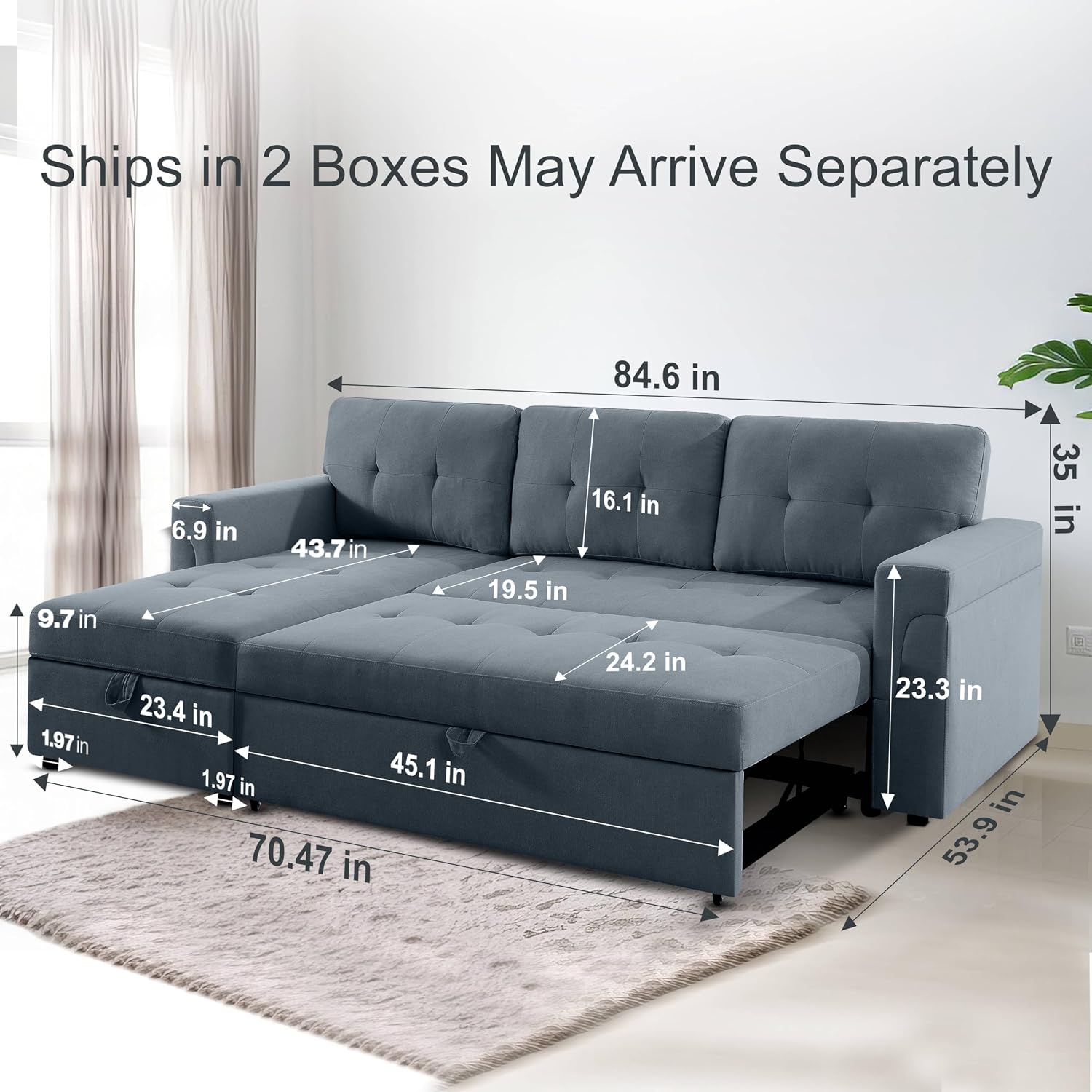 Naomi Home L Shaped Sectional Couch with Storage & Pull Out Bed – 3-in-1 Convertible Sleeper Sofa Bed, Small L Shape Sofa for Living Room, Sofa Bed with Storage Chaise in Dark Gray, Velvet
