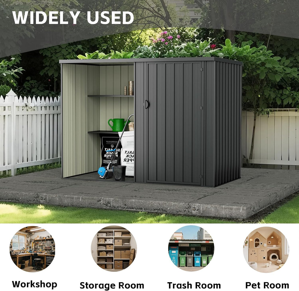 Durable 8×4 FT Metal Outdoor Storage Shed with Shelves, Waterproof & Lockable Garden Tool Shed, Small Backyard Patio Storage Shed for Lawn Mower, Dark Gray (No Floor)