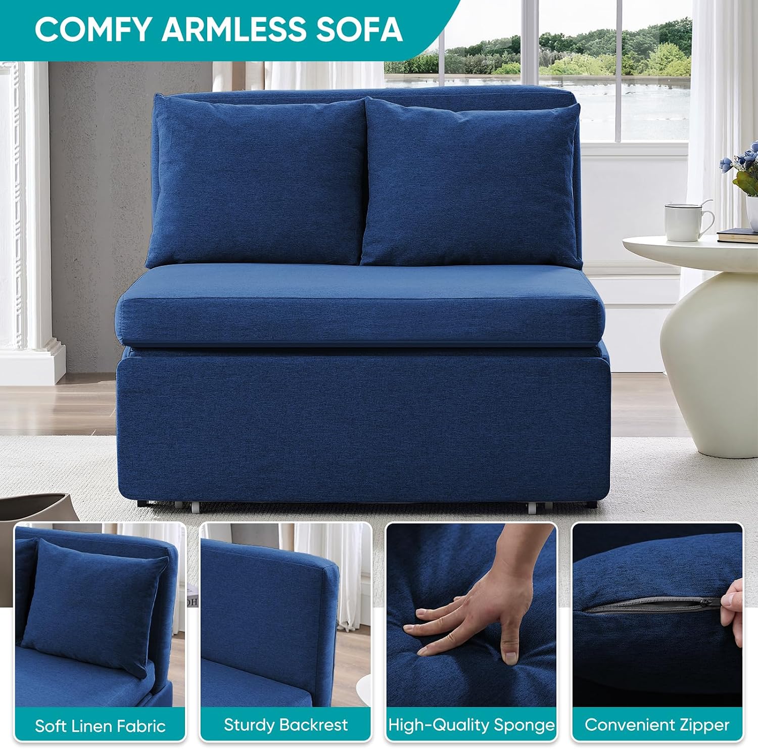 BALUS 43' Width Twin Pull Out Sofa Bed Sleeper Couch with Pullout Beds, 2 in 1 Convertible Linen Sleepers Sofa Single Chair with Pillows and 3.9' Foldable Mattress for Small Space Apartment Loft, Blue