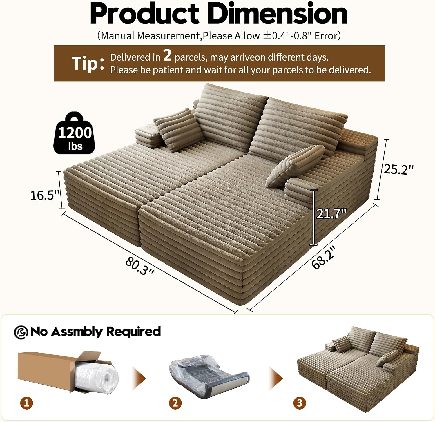 80' Oversized Double Lounge Chaise,Cloud Plush Sofa Bed,Upholstered Boneless Cloud Sofa Deep Seat,No Assembly Required,Modern Corduroy Sleeper Loveseat Chair for Living Room Bedroom Reading,Camel