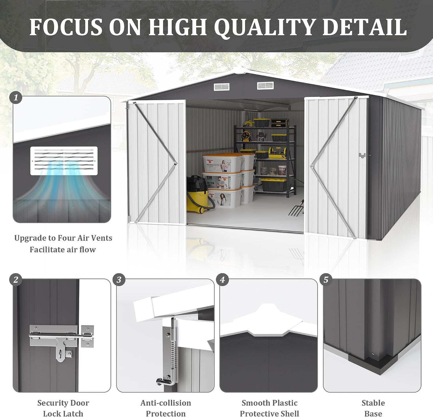 10 x14 FT Outdoor Storage Shed, Extra Large Metal Garden Shed with Waterproof Roof and 3 Lockable Doors, All-Weather Utility Tool Shed Storage House for Backyard, Patio, Lawn (Dark Gray)