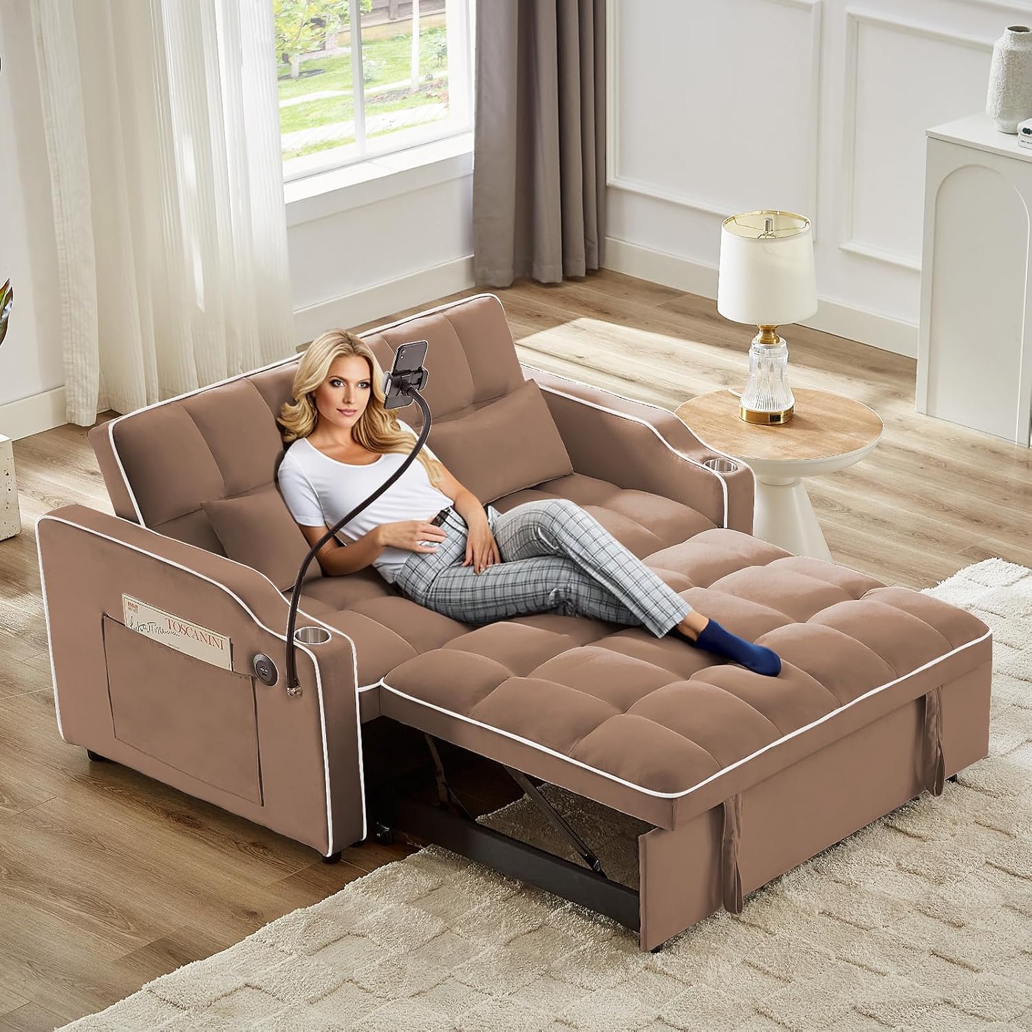 Sleeper Sofa Couch Bed with Phone Holder, Modern 3-in-1 Convertible Velvet Pull Out Loveseat Futon Sofa with USB & Type C Port & Cup Holder for Living Room Bedroom Office