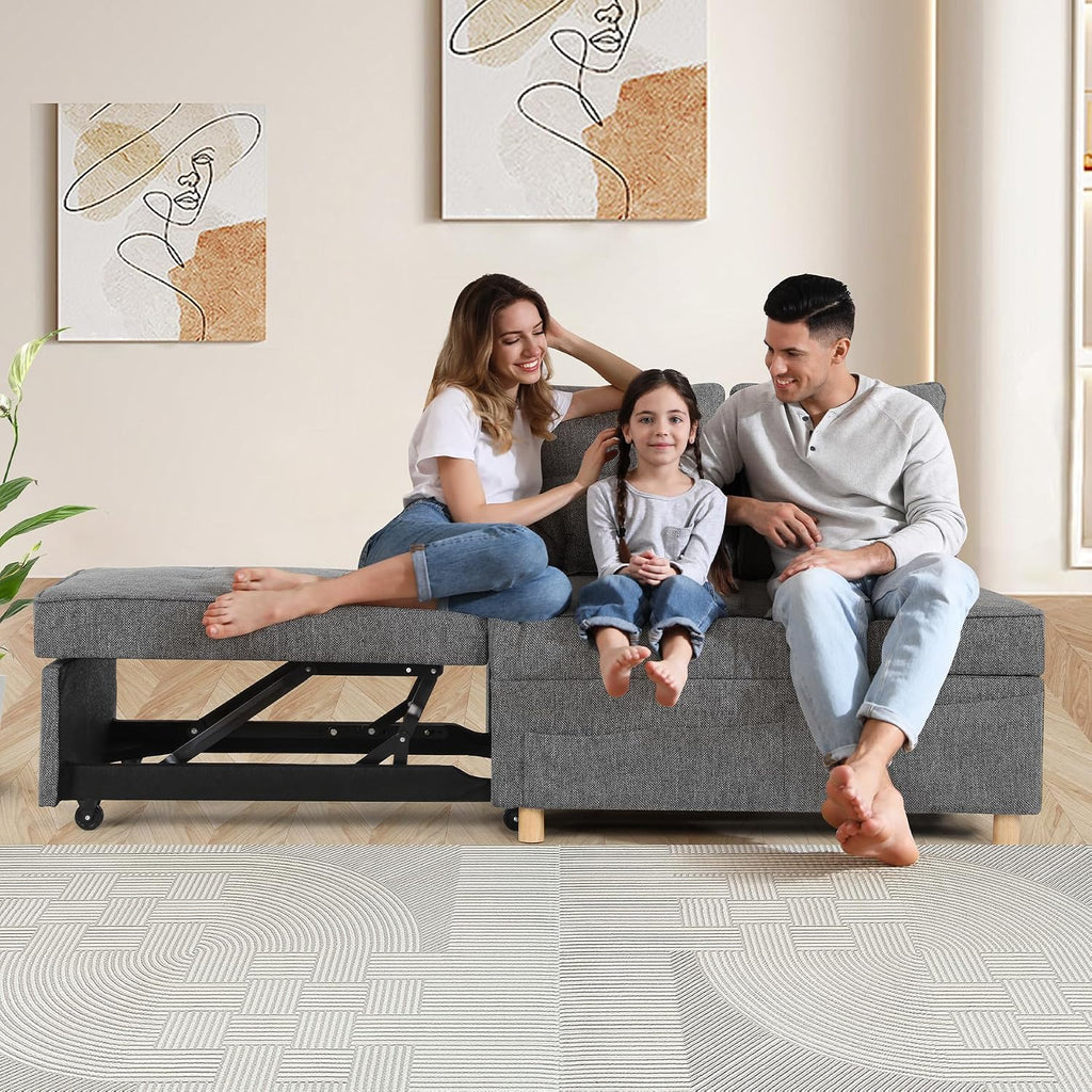 SEJOV Sofa Bed 4-in-1 Convertible Sofas & Couches, 3-Seat Linen Fabric loveseat Sofa with 2 Throw Pillow, Single Recliner for Small Space with 5 Adjustable Backrest, Dark Grey