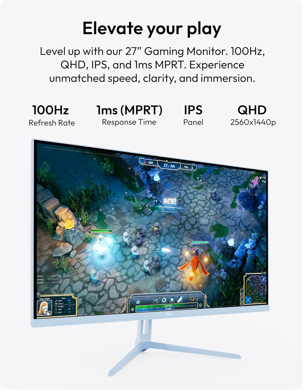 Pixio PX275 Wave Blue 27 inch 100Hz Refresh Rate QHD 1440p Resolution IPS Panel 1ms MPRT Response Time Gaming Monitor and PS1S Wave Blue Single Monitor Arm - Fits up to 32 inches and 19.8lbs