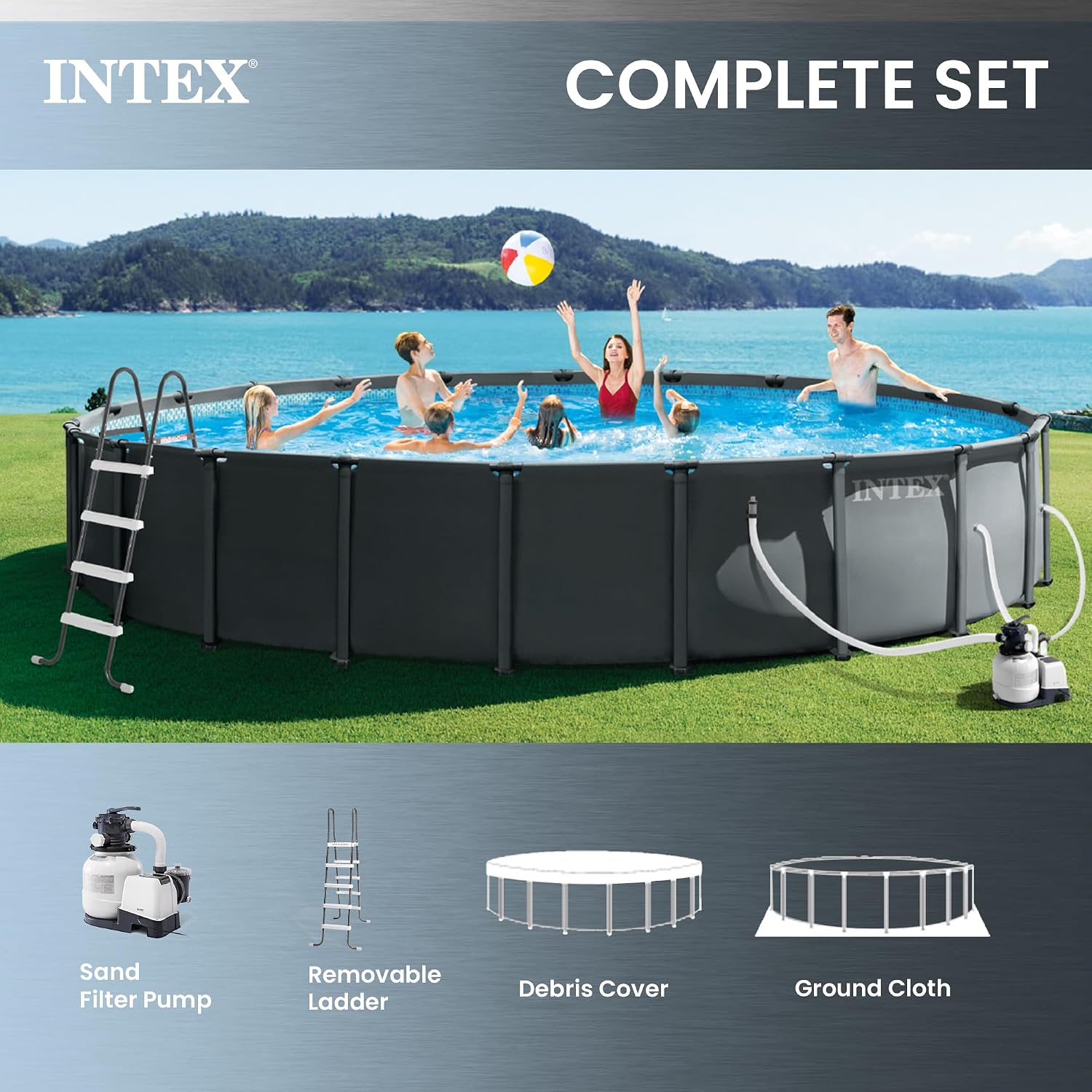INTEX Ultra XTR 22 ft x 48 in Above Ground Pool Set, Round Swimming Pool with Steel Frame, 2100 GPH Sand Filter Pump, Ladder, Cover, & Ground Cloth