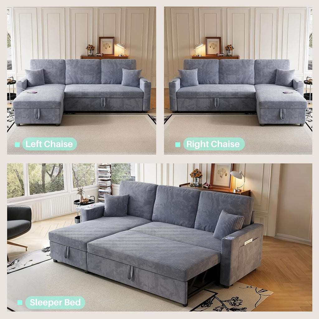 Sleeper Sectional Sofa, 83' Convertible Sofa Bed with Pull Out Couches, Small Desktop, L Shaped Couch with Reversible Chaise, Cup Holders, USB, Modern Corduroy Sofas for Living Room Apartment, Grey