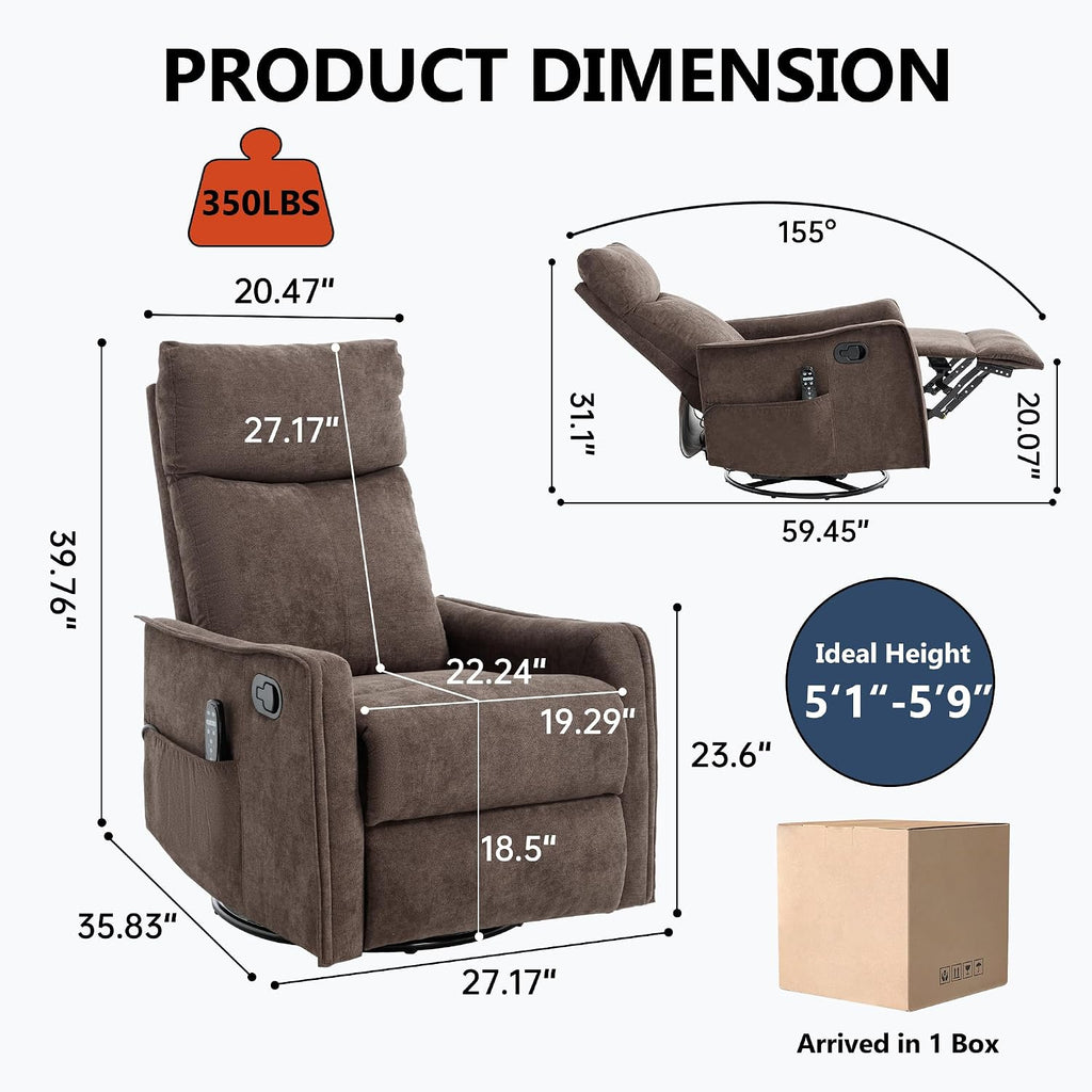 Massage Chair Recliner with Heat, 360° Swivel Glider Rocker with Reclining Backrest and Footrest, Manual Lazy Boy Recliners for Adults, Modern Nursery Rocking Chairs (Brown)
