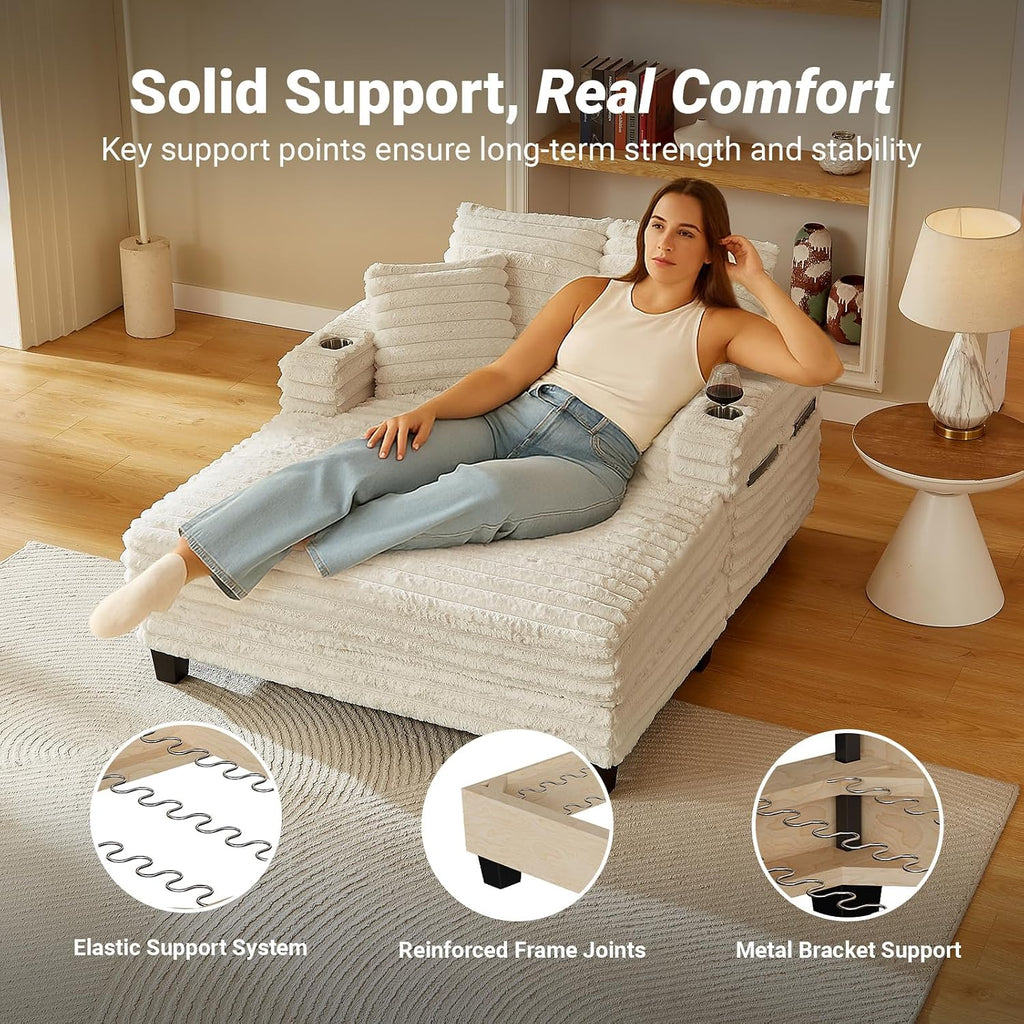 Amsleekey 64' Chaise Lounge Chair Indoor, Oversized Sleeper Chair with Wood Frame, Upholstered Sofa Bed for Living Room, Movie Room, Bedroom with 4 Storage Pockets&2 Cup Holders(Plush Corduroy, Beige)