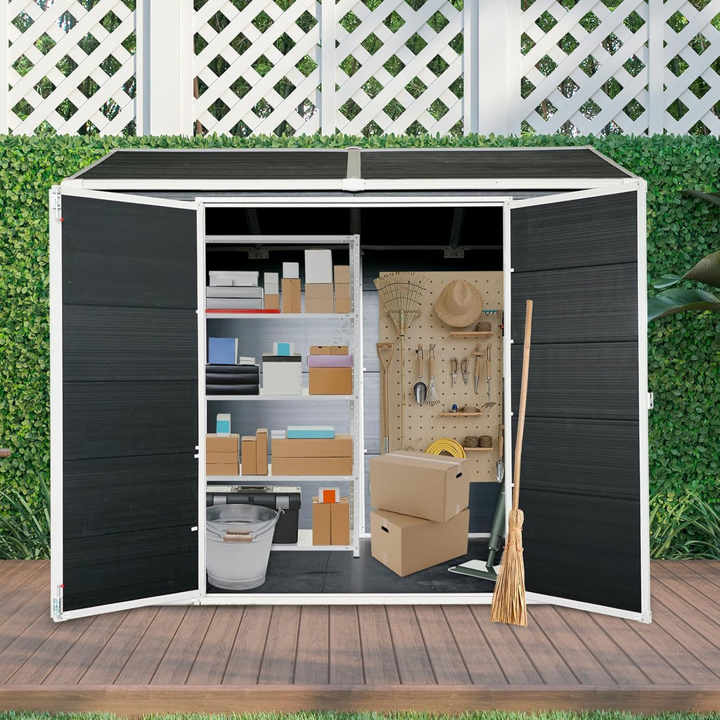 Ball & Cast 6x8 FT Outdoor Storage Shed,Multi-Wall Resin Panels Garden Tool House with 2 Window and Floor,Waterproof Cabinet W/Sloping Roof & Double Doors,Shelter for Patio,Lawn,Black