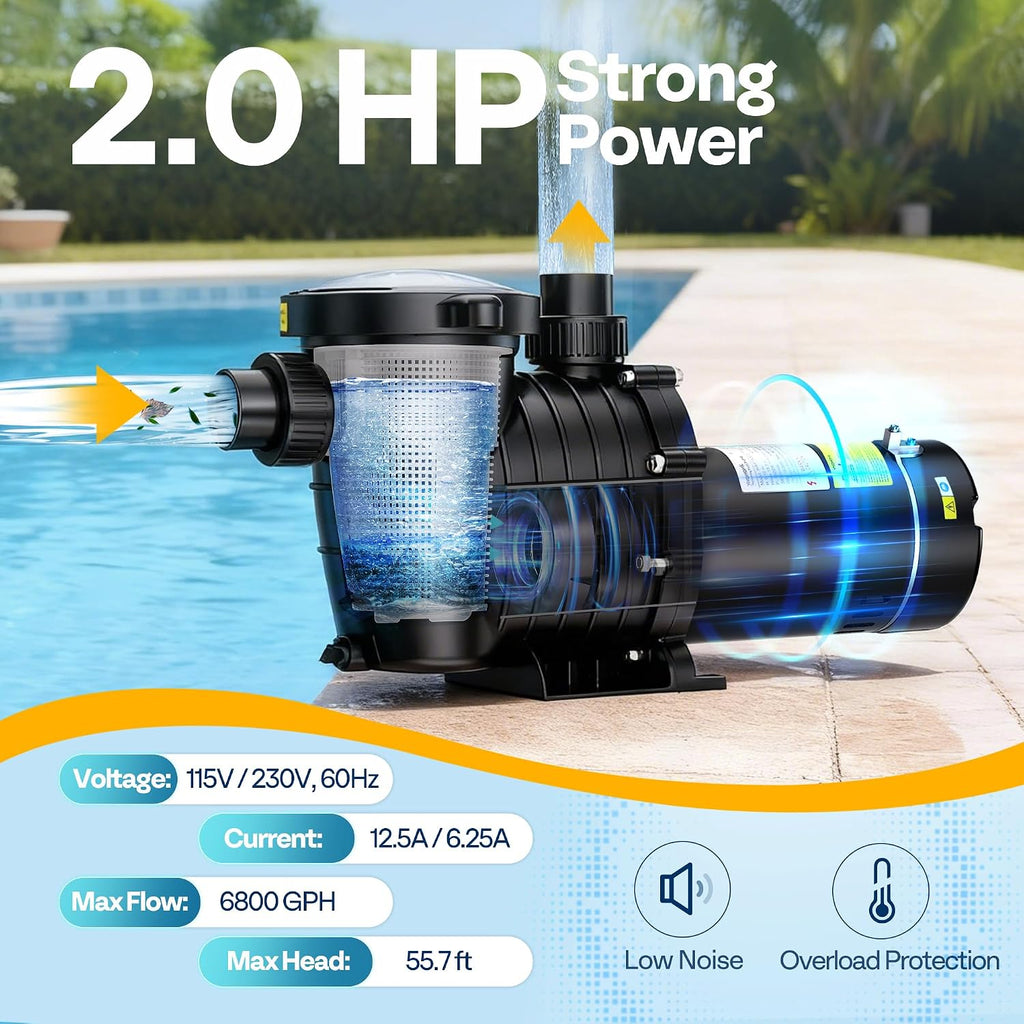 VIVOHOME 2.0HP Pool Pump - 115V/230V Self-Priming Motor - In-Ground/Above Ground - 6800GPH Energy Efficient - 1.5', 2', and 1.25'-1.5' Connectors w/Strainer Basket