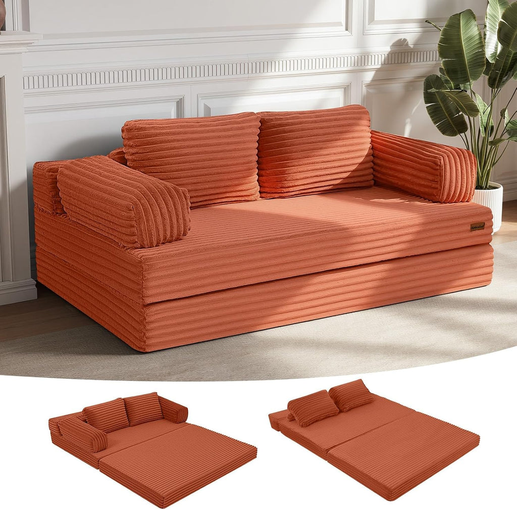 MeMoreCool Convertible Sofa Bed, Folding Floor Couch Bed Queen, Pull Out Sleeper Couch with Pillows, Fold Out Futon Sofa for Bedroom Living Room Small Space, Corduroy Orange