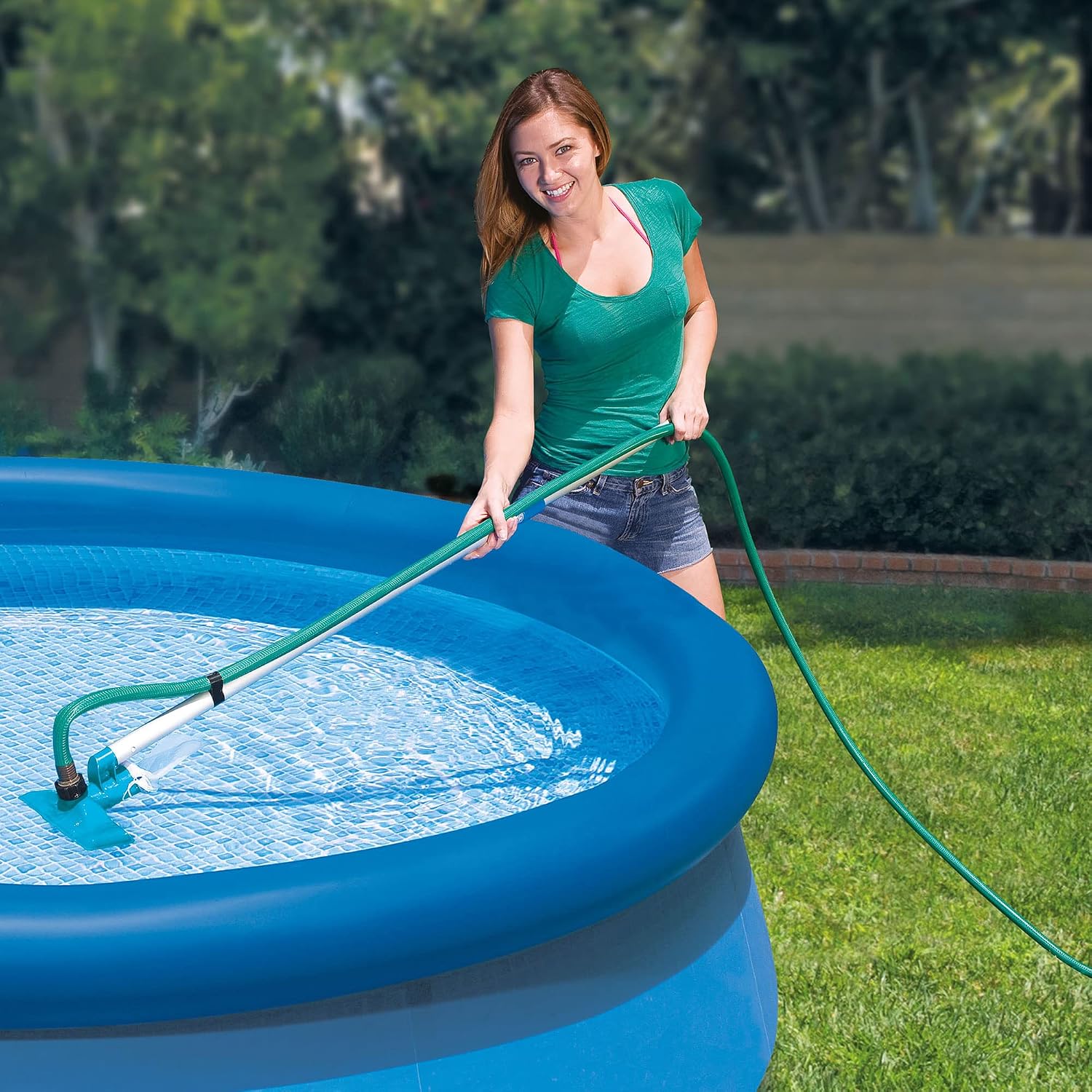 Intex Metal Frame 15' x 48' Round Above Ground Swimming Pool Set with Filter Pump, Ladder, and Cover with Maintenance Accessory Vacuum and Skimmer Kit