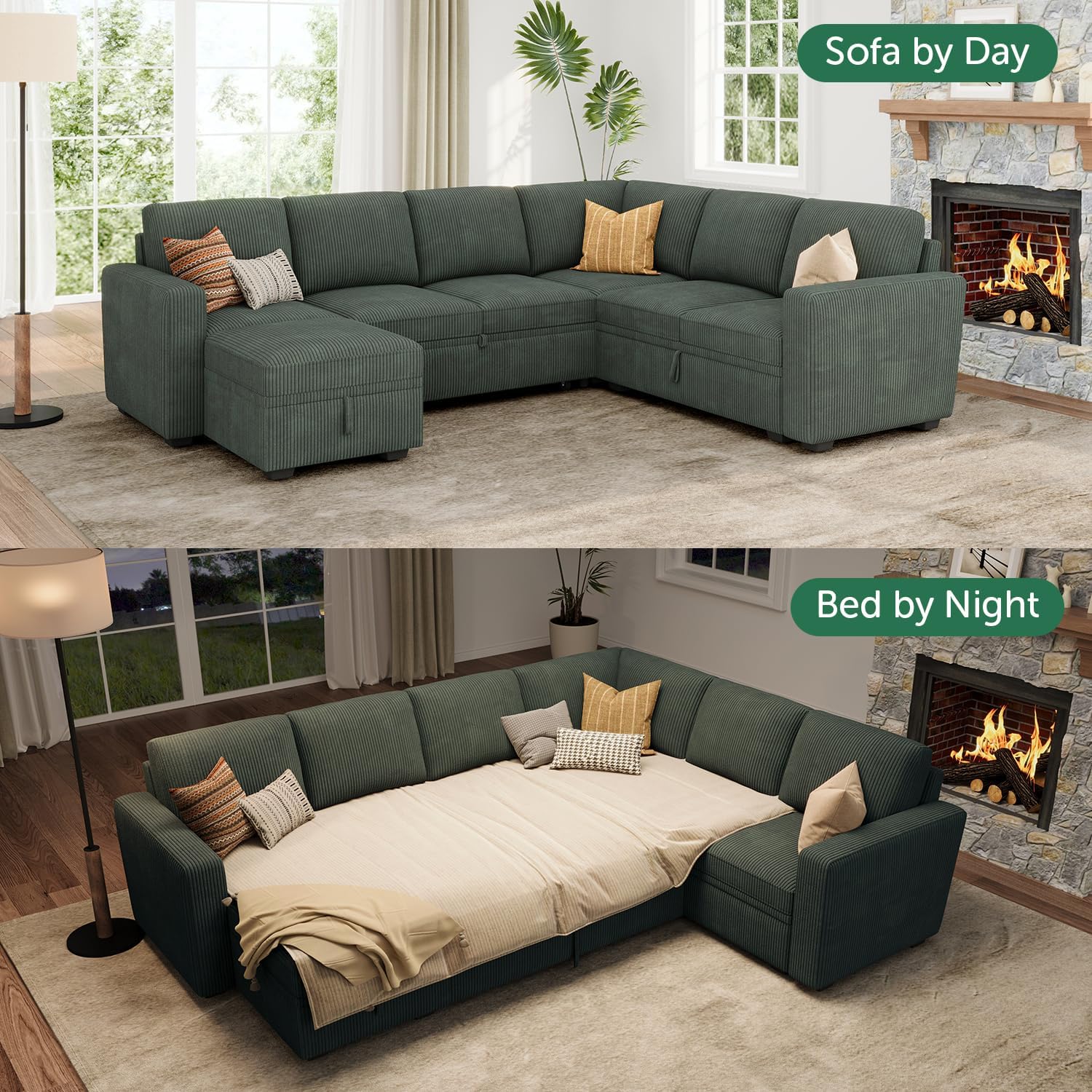HONBAY Modular Sectional Sleeper Sofa with Pull Out Bed, Corduroy Couch with Storage Seats Ottoman, U Shaped Sectional Couches for Living Room, Green