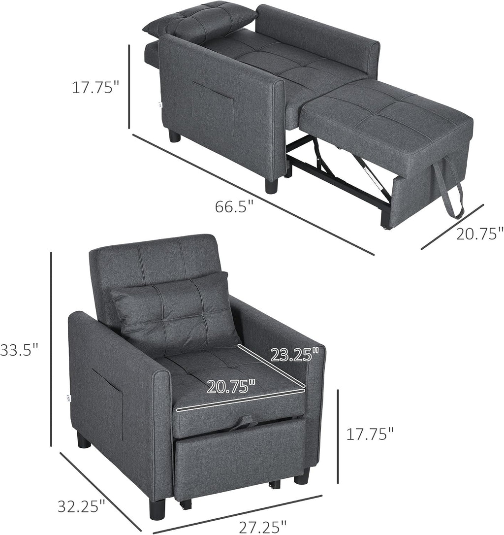 HOMCOM 3-in-1 Convertible Chair Bed, Multi-Functional Single Sofa Bed, Pull Out Sleeper Chair with Adjustable Backrest, Pillow, and Pockets, Gray