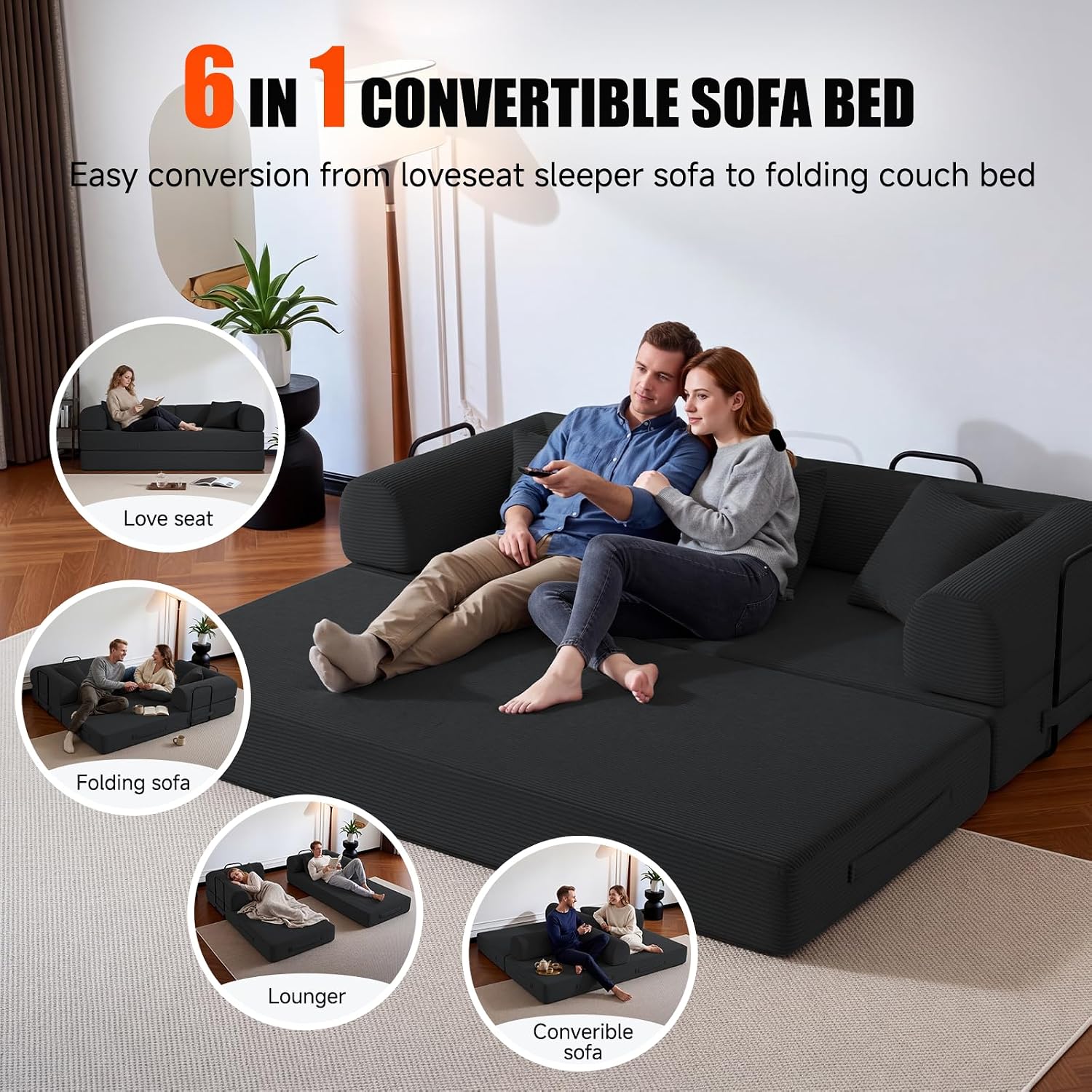 79' Compressed Sofa, Convertible Sofa Bed, Corduroy Compression Boneless Couch with Pillow, Comfy Modular Foldable Floor Sleeper Sofa for Bedroom, Living Room, Lounge, Studio (Black)