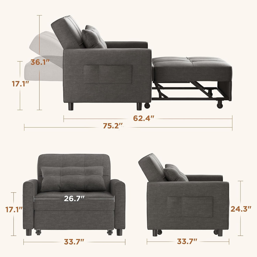 Aiho 34-Inch Sleeper Chair Bed, 3-in-1 Convertible Sofa Bed with Adjustable Backrest for Living Room or Apartment (Dark Gray)