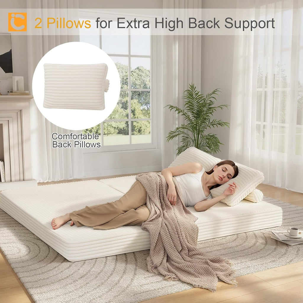 COMAX Convertible Sofa Bed, Folding Floor Couch Corduroy Fold Out Couch Bed Futon Sleeper Mattress with Pillows, Boneless Sofa Comfy Lounge Loveseat for Living Room Bedroom, Plush Beige