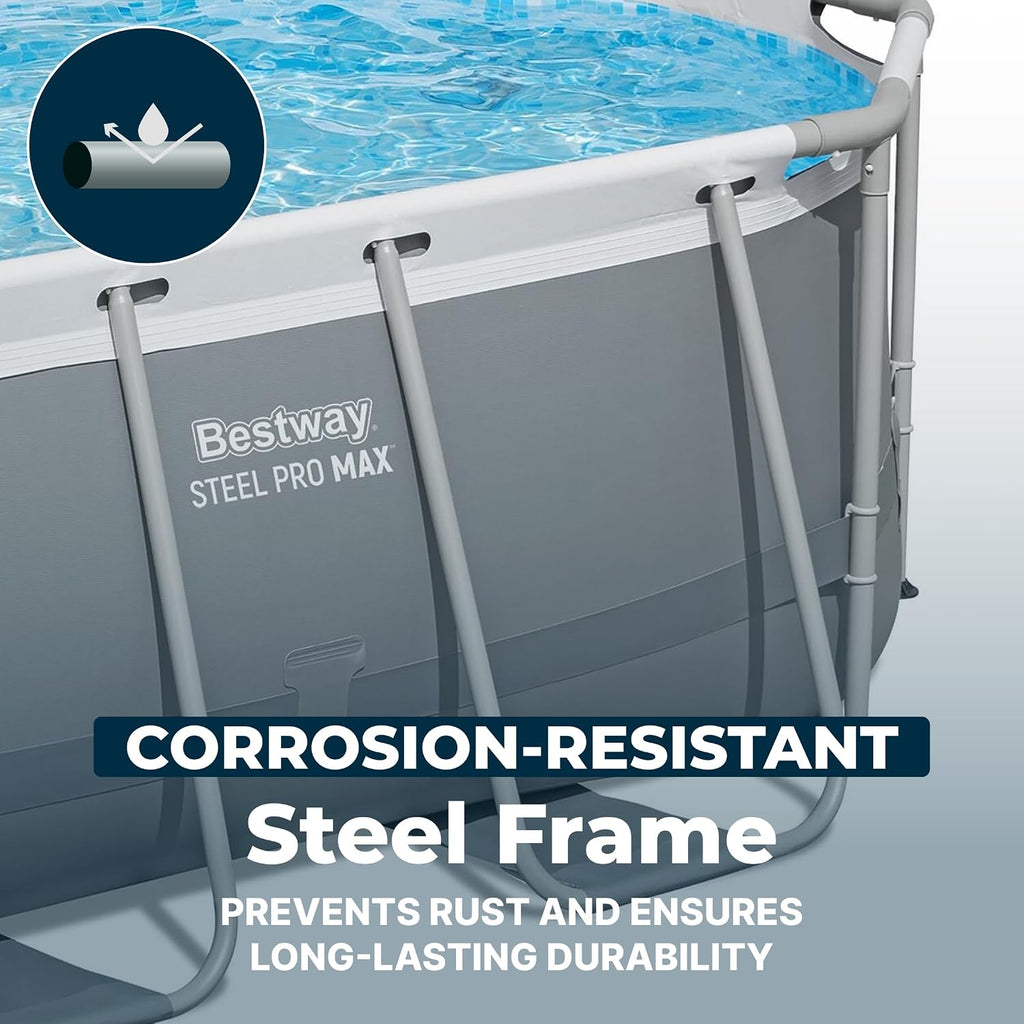 Bestway Steel Pro MAX 10' x 6'7' x 33' Oval Above Ground Swimming Pool Set, 330 GPH Filter Pump, Tritech Puncture Resistant Liner, ClickConnect Steel Frame, Gray