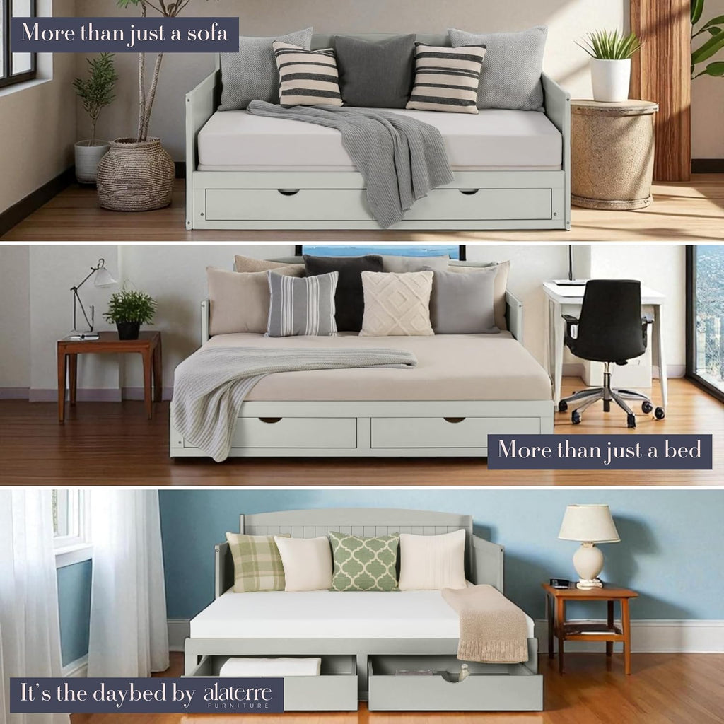Alaterre Furniture Harmony Twin to King Daybed with Pop Up Trundle Bed - Solid Wood Twin Day Bed with 2 Pull-Out Storage Drawers and 400lb Capacity - For Kids, Guest Room, Living Room (Dove Gray)