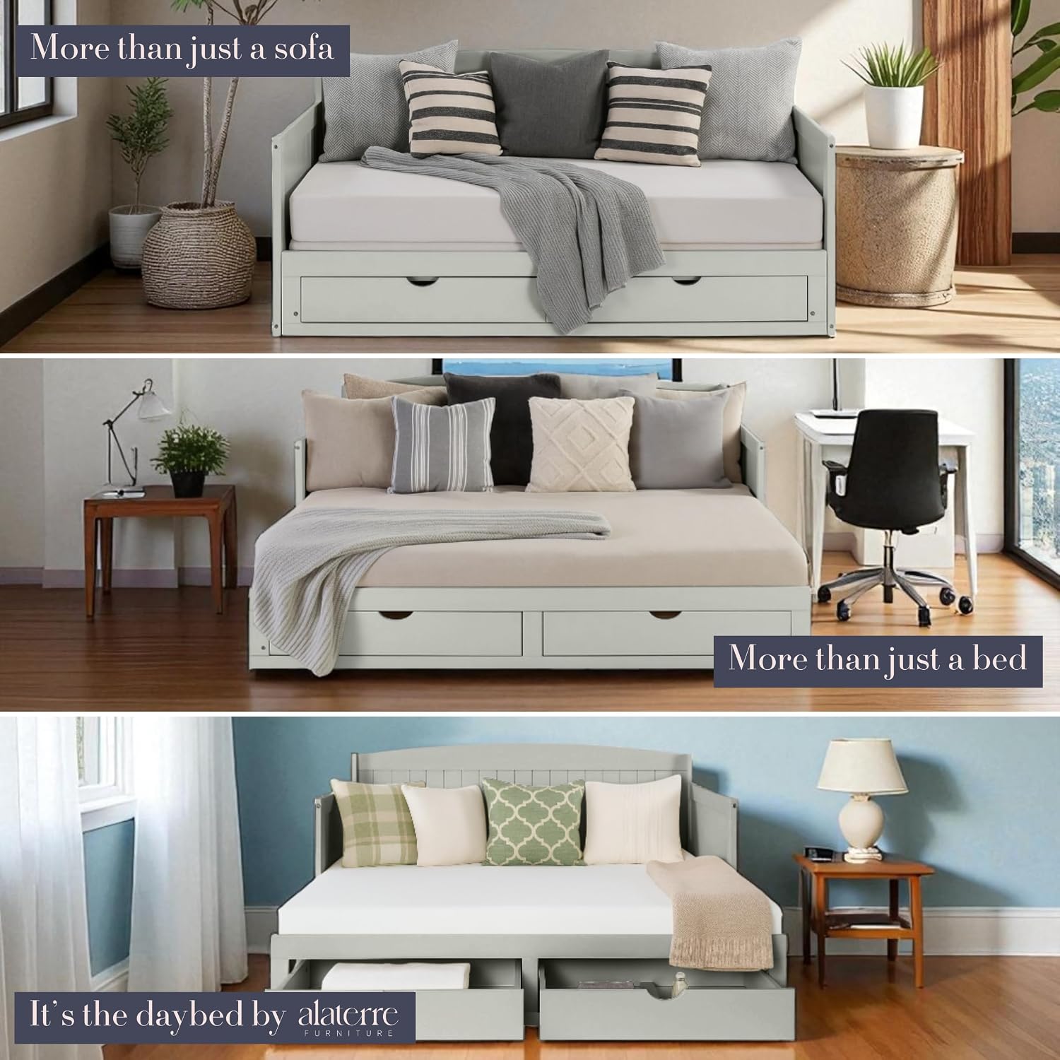 Alaterre Furniture Harmony Twin to King Daybed with Pop Up Trundle Bed - Solid Wood Twin Day Bed with 2 Pull-Out Storage Drawers and 400lb Capacity - For Kids, Guest Room, Living Room (Dove Gray)