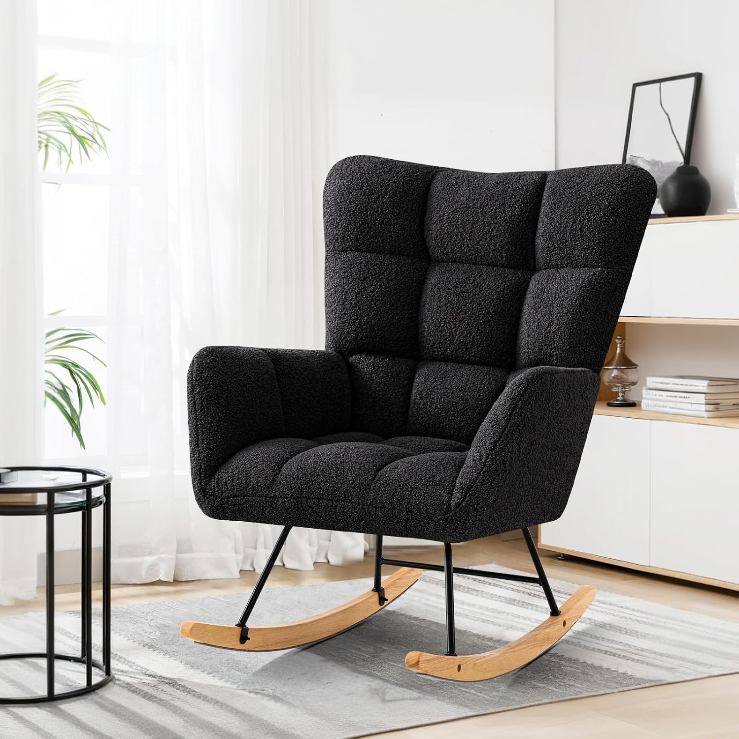 Furniliving Nursery Rocking Chair Upholstered Glider Rocking Chair Modern Accent Chair Padded Seat Reading Chair with High Backrest Comfy Chair for Living Room, Bedroom, Nursery, Black, Teddy