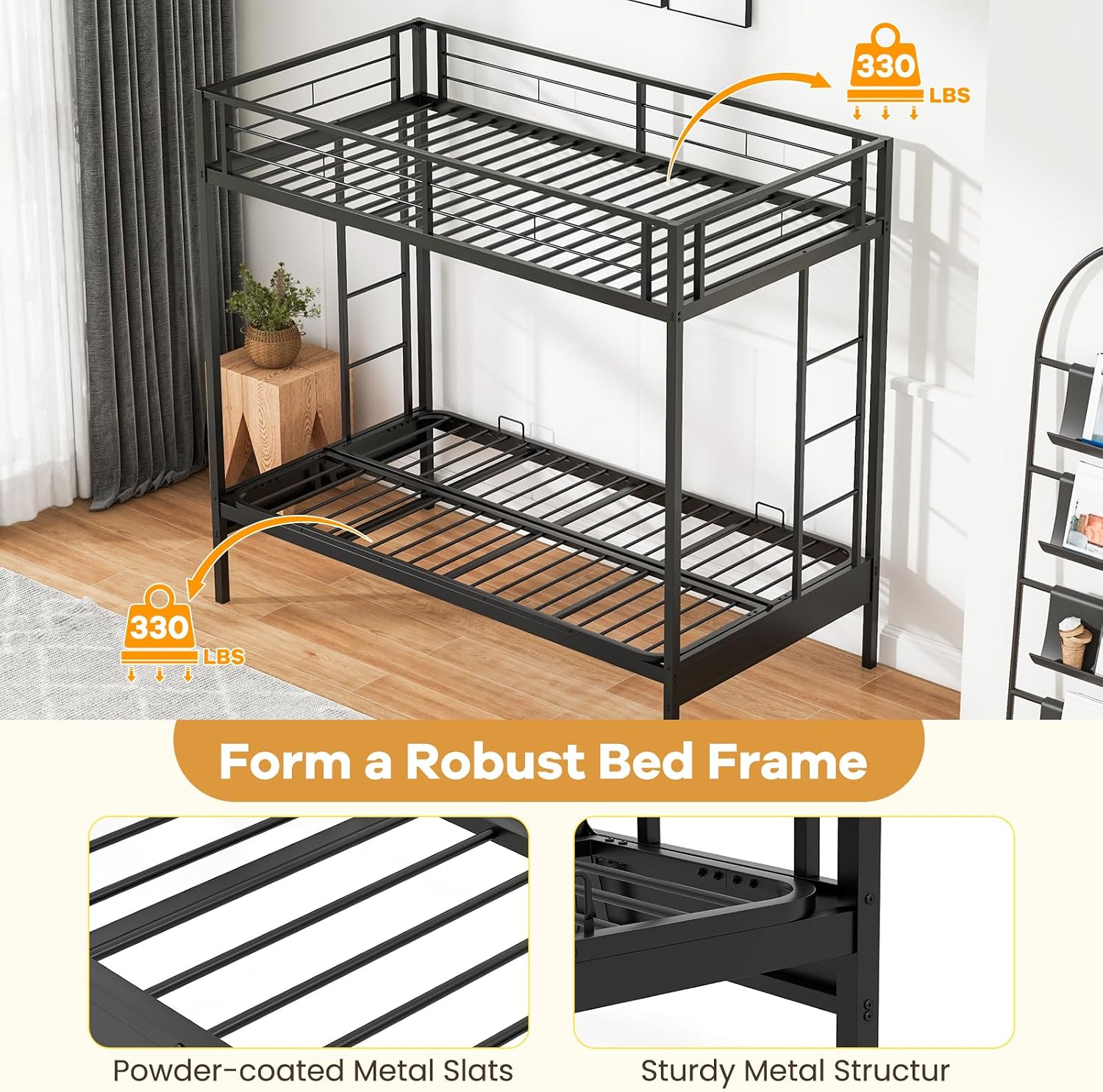 Giantex Twin Over Twin Futon Bunk Bed, Convertible Metal Bunk Bed with Futon Frame, 2 Ladders & Safety Guardrails, Heavy Duty Sofa Couch Beds with Under-Bed Space, for Kids, Teens, Adults, Black