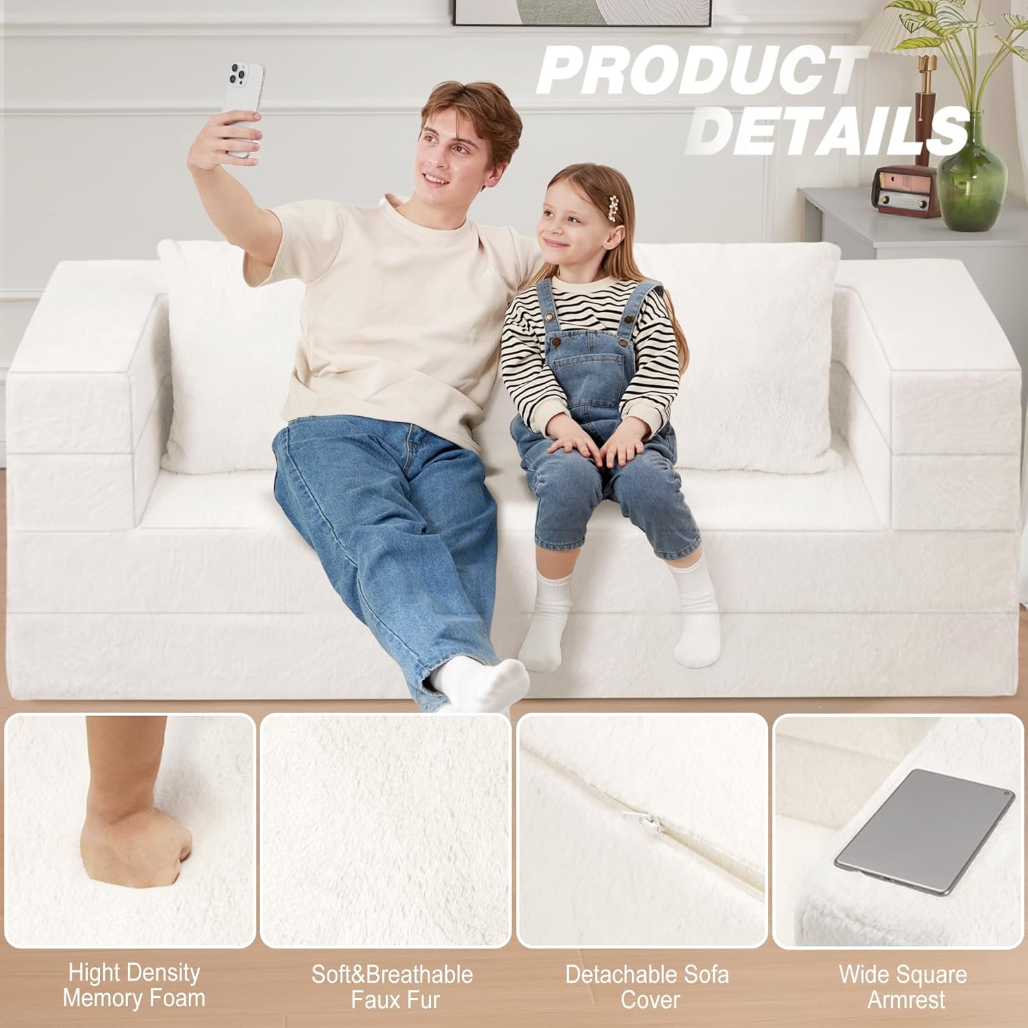 Futon Sofa Bed with Pillow, 3-in-1 Sleeper Sofa Bed with Removable Cover, Convertible Floor Sofa Bed, No Assembly Boneless Couch for Living Room, Bedroom