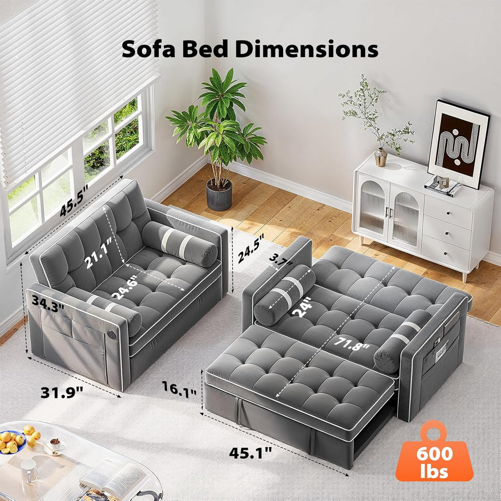 Pipishell 3 in 1 Convertible Sleeper Sofa Bed,Pull Out Couch for Living Room with USB Ports & Side Pockets,Adjustable Backrest,Velvet,Loveseat Sofa Bed,Futon Couches, Grey