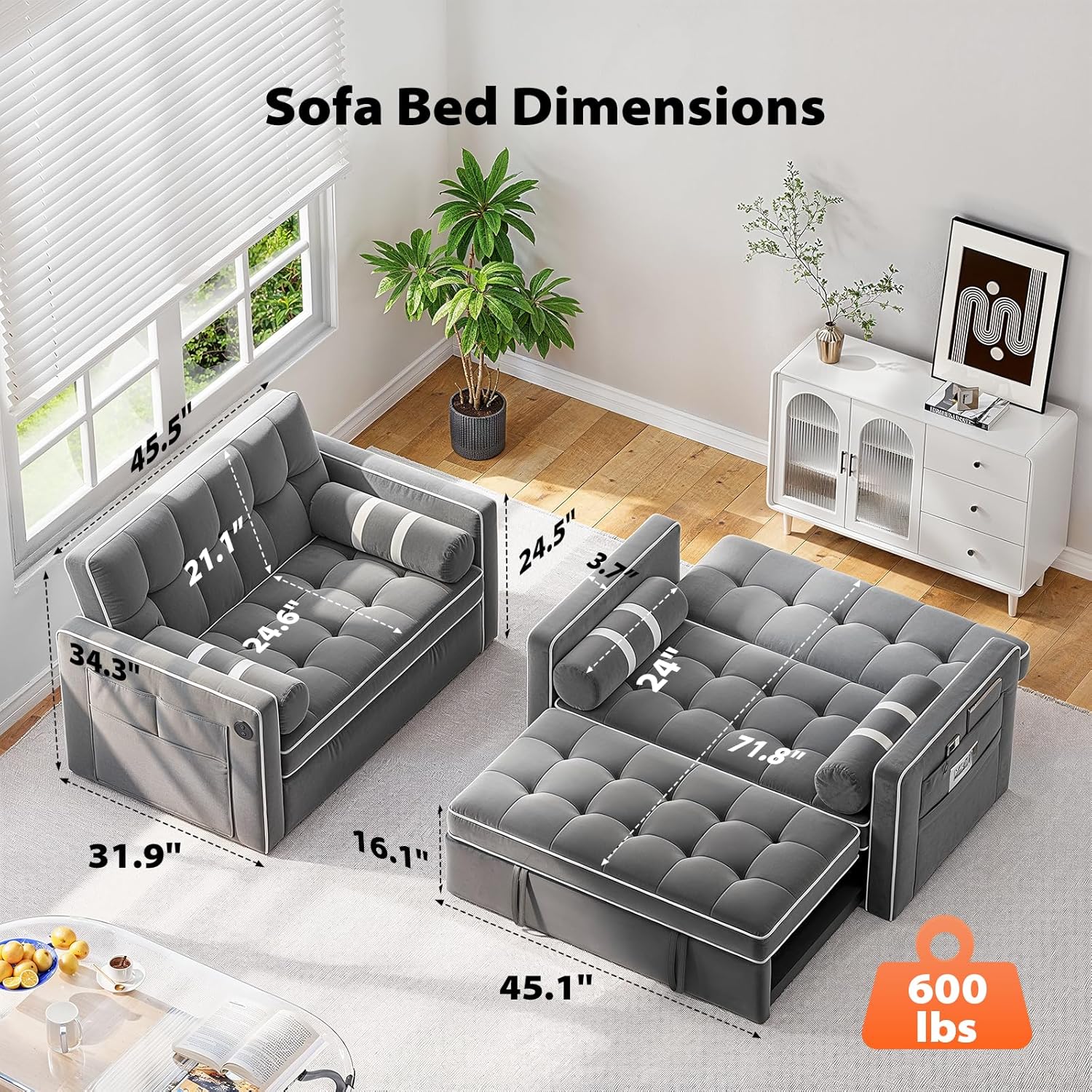 Pipishell 3 in 1 Convertible Sleeper Sofa Bed,Pull Out Couch for Living Room with USB Ports & Side Pockets,Adjustable Backrest,Velvet,Loveseat Sofa Bed,Futon Couches, Grey