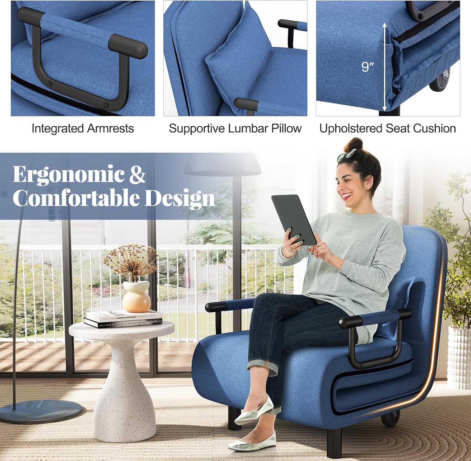 Giantex Convertible Sofa Bed, 3-in-1 Folding Sleeper Chair with 5-Position Adjustable Backrest, Wheels, 2 Legs, Recliner Chaise Lounge with Pillow, Armchairs for Nursery Living Room Office (Blue)
