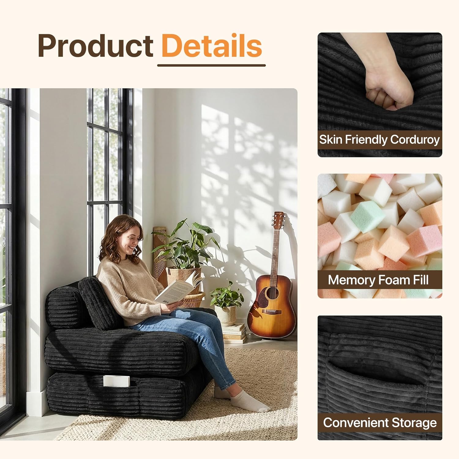 Claiks Folding Sofa Bed, Boneless Chair with Pillow Sleeper Sofa with Back Support, Sleeper Chair Portable Fold Out Chair Bed Comfy Foldable Mattress for Living Room, Black, Single