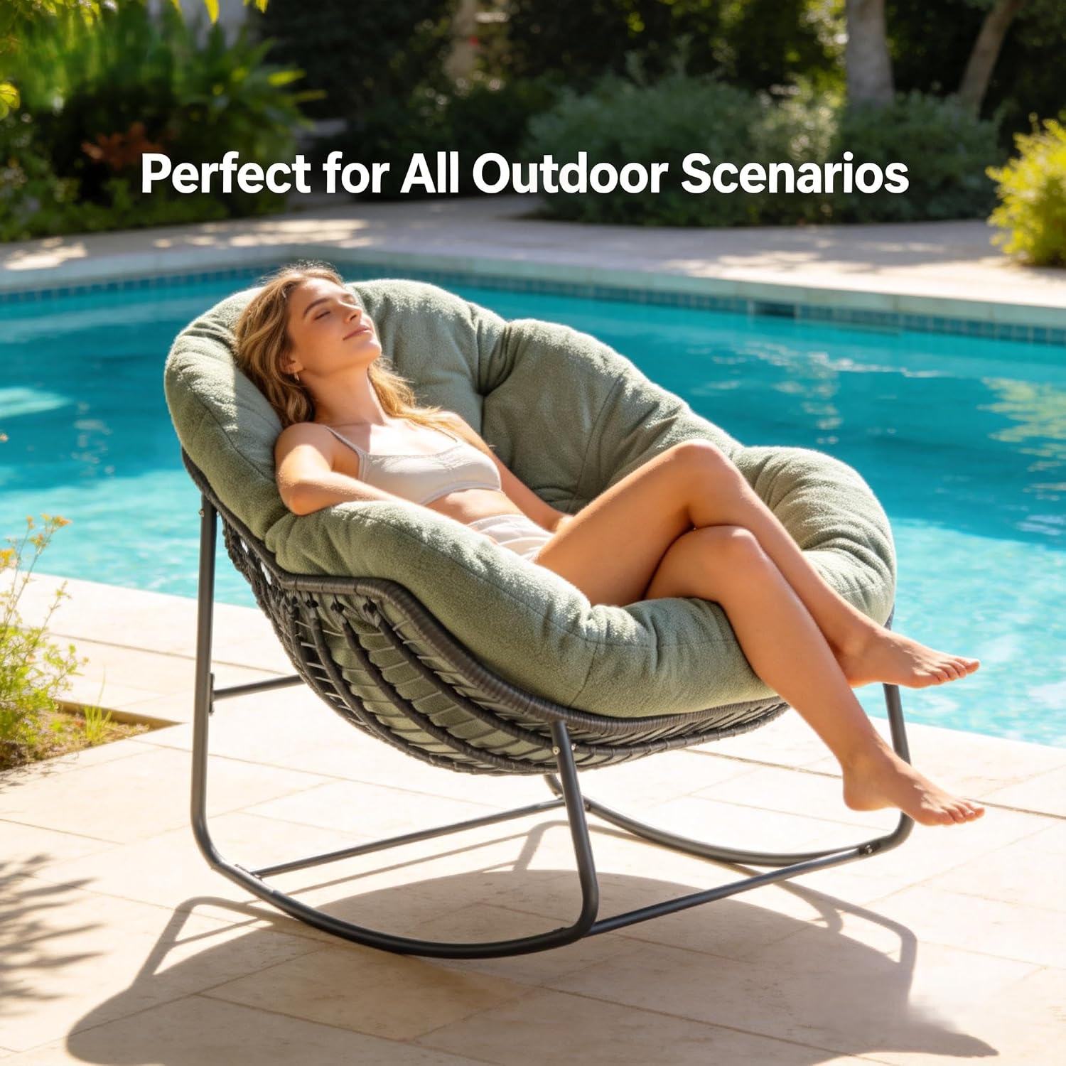 Oversized Outdoor Papasan Rocking Chair with Soft Cushion, Comfy Patio Egg Chair, Wicker Lounge Rocker for Balcony/Porch/Garden, Reinforced All Weather Rattan Frame, 330 lbs Support, Hunter Green