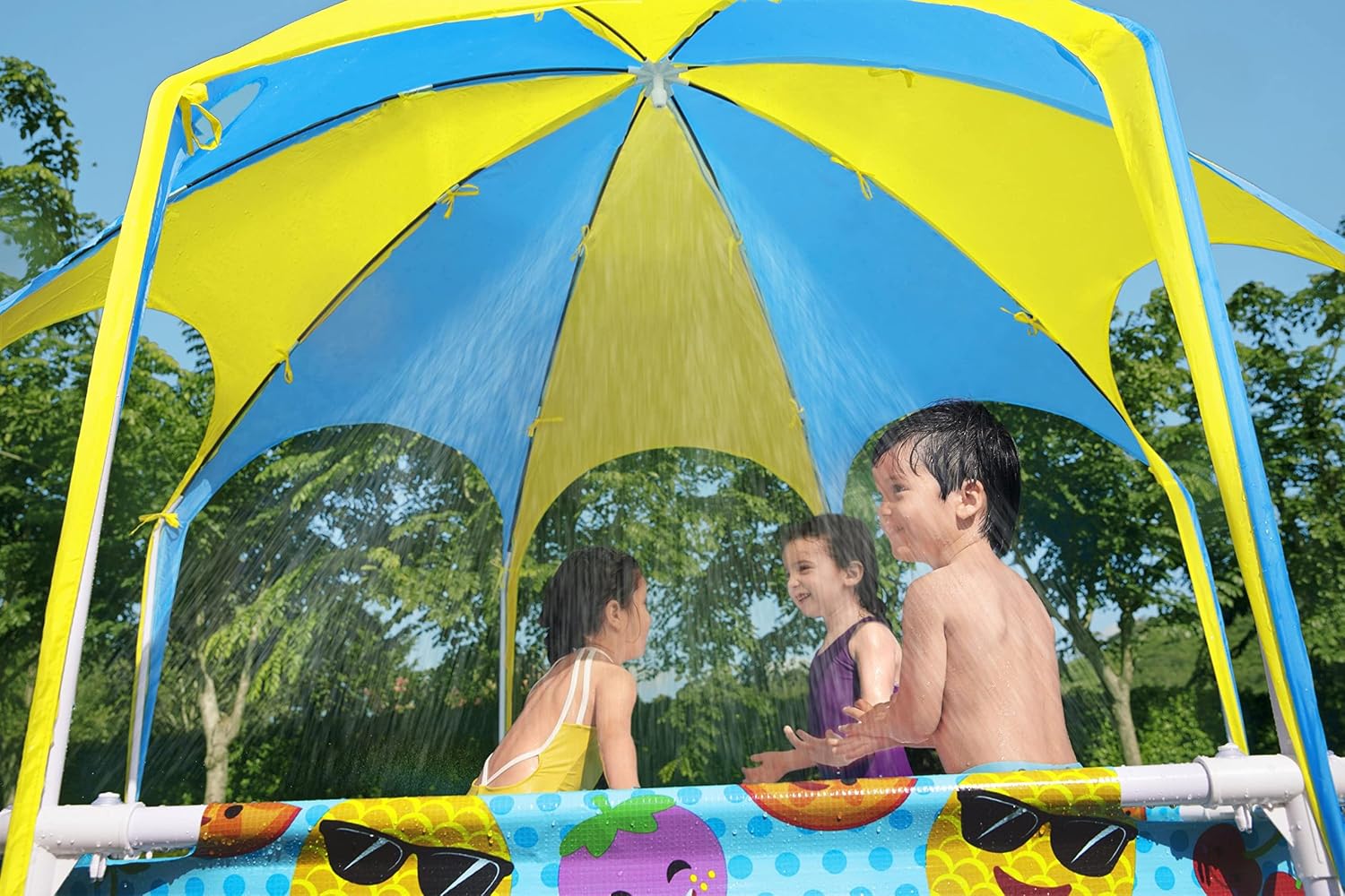 H2OGO! Kids Splash-in-Shade 8-Foot Round Steel Frame Above Ground Pool with Water Mister and Canopy Sunshade, Green Tropical Leaf Print