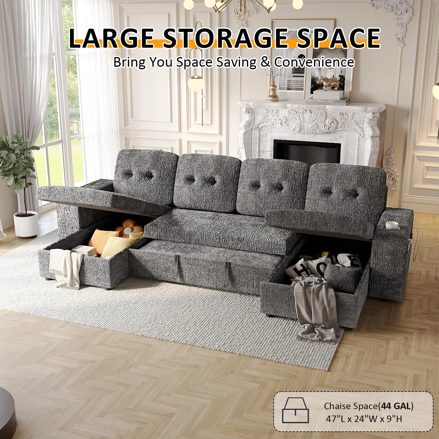 117' Sleeper Sofa Bed, U-Shaped Sofa with Dual Reversible Storage Chaise | Adjustable Backrest | Wide Armrest, Sectional Couches for Living Room, 4 in 1 Pull Out Couch Bed, Grey Chenille