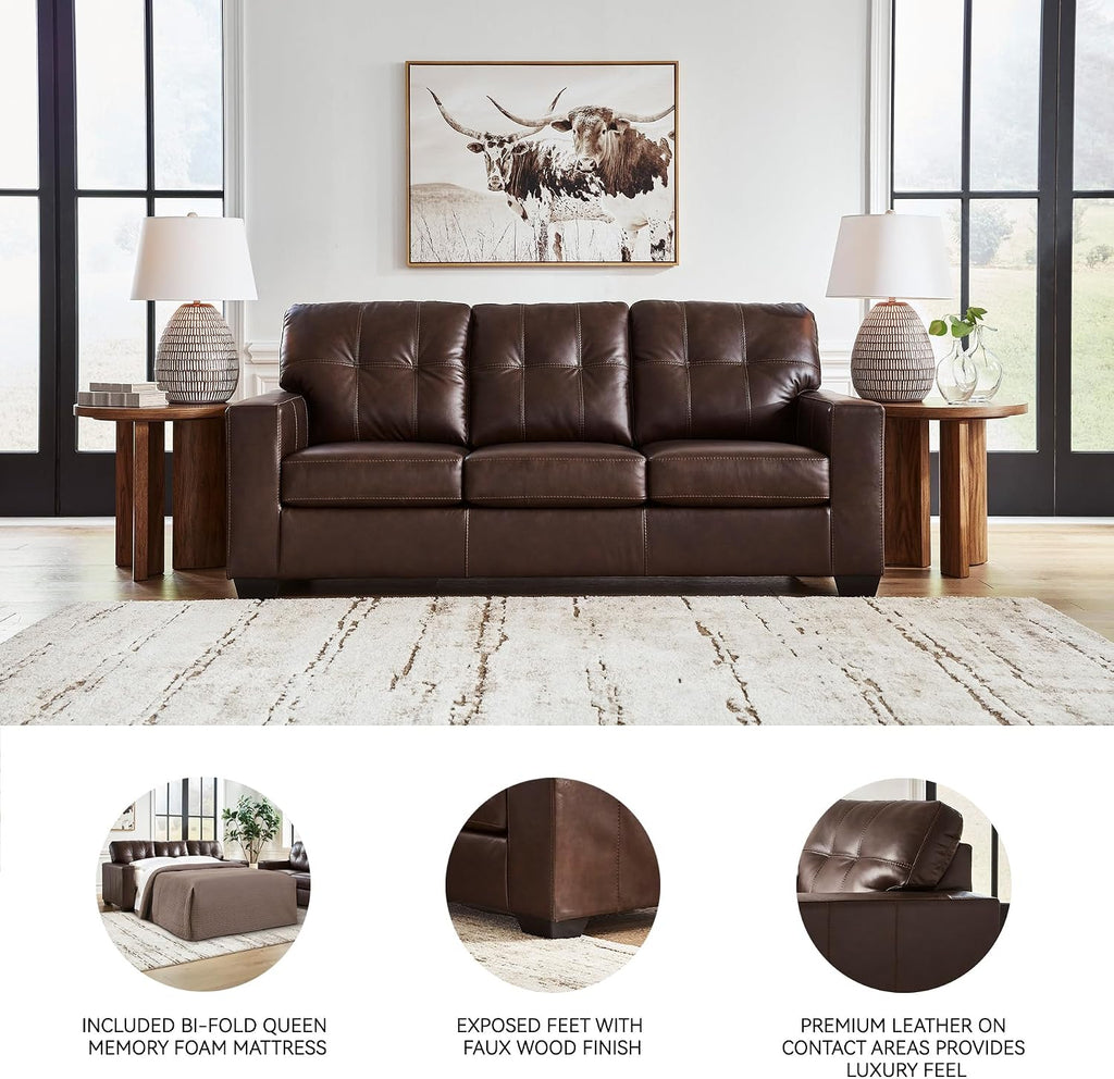 Signature Design by Ashley Santorine Classic Leather Match Tufted Sofa Sleeper with Bi-Fold Memory Foam Mattress, Queen, Dark Brown