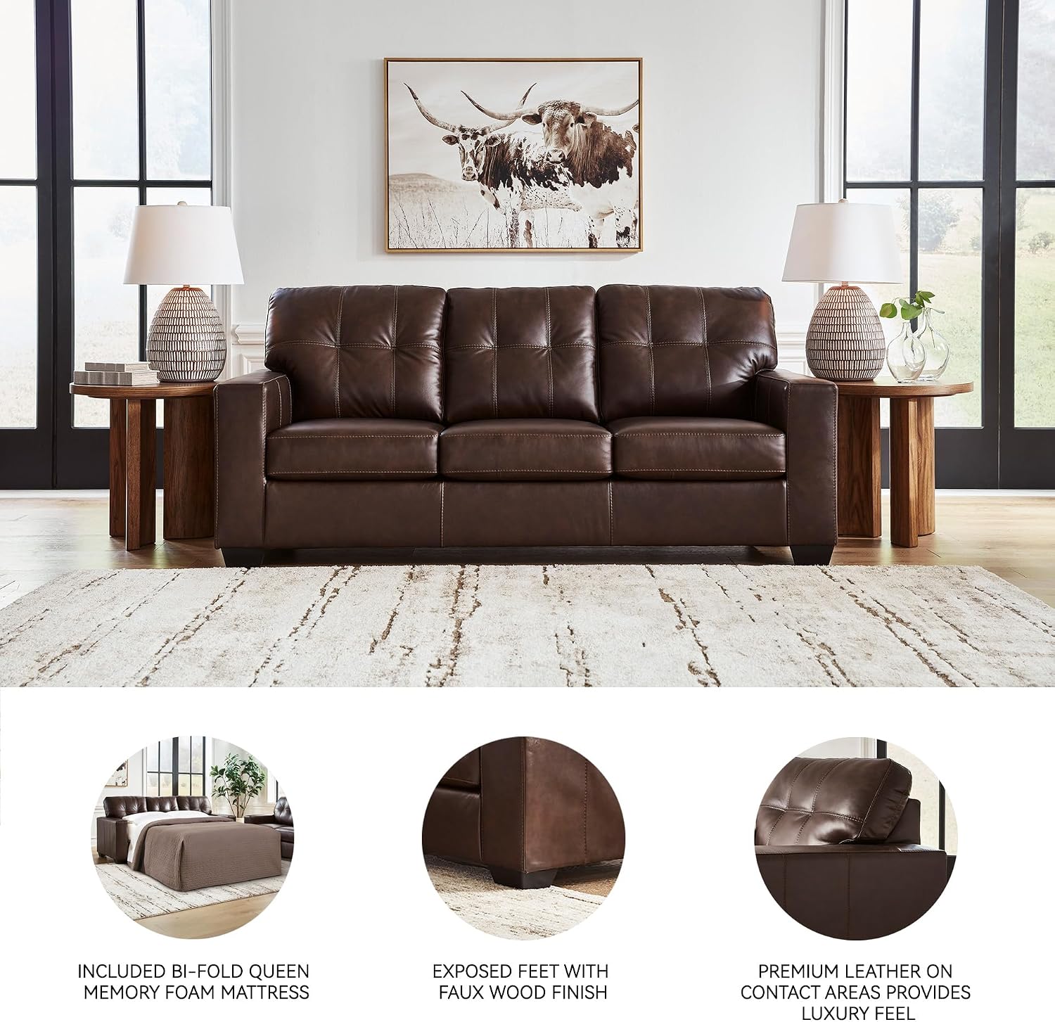 Signature Design by Ashley Santorine Classic Leather Match Tufted Sofa Sleeper with Bi-Fold Memory Foam Mattress, Queen, Dark Brown