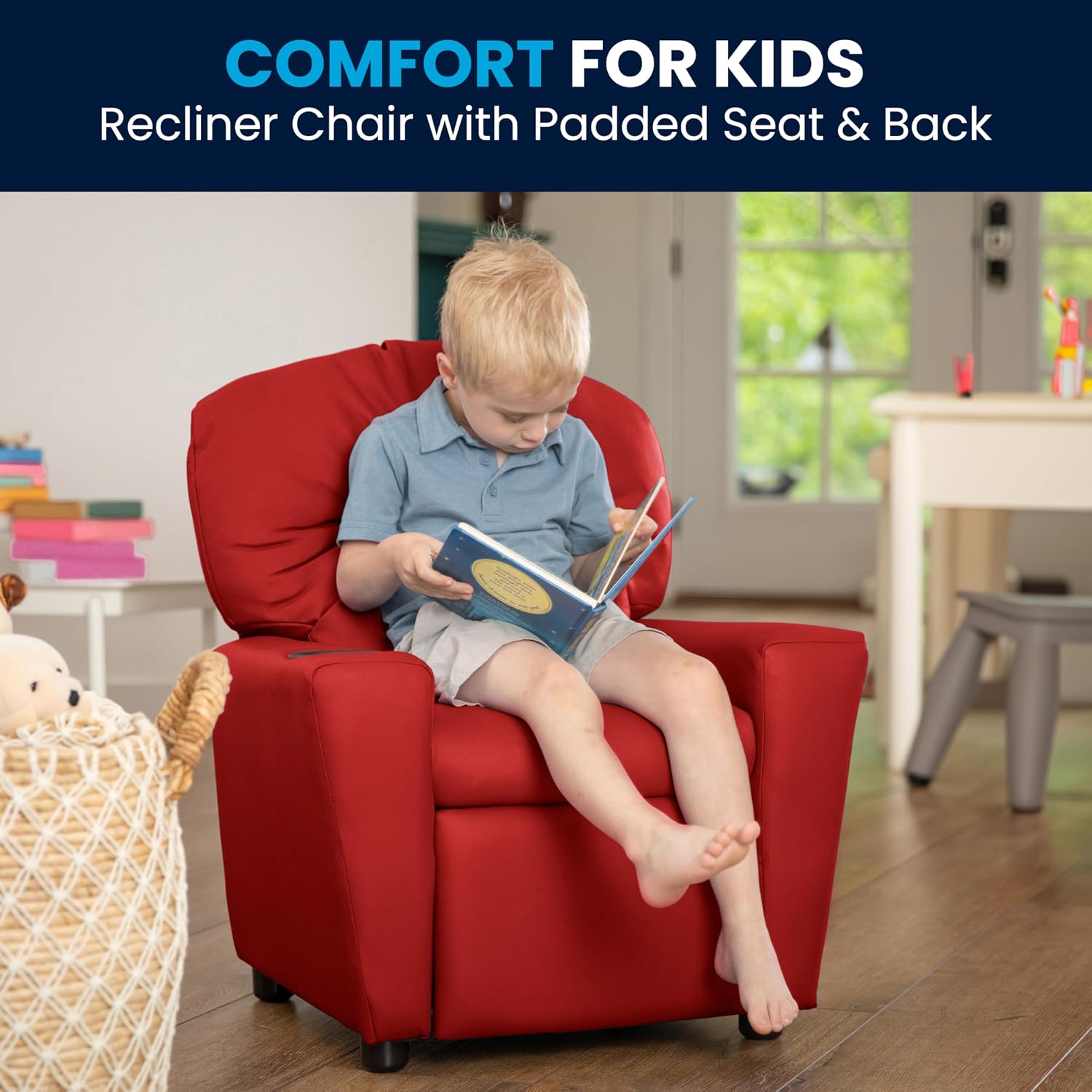 Flash Furniture Chandler Vinyl Kids Recliner with Cup Holder and Safety Recline, Contemporary Reclining Chair for Kids, Supports up to 90 lbs., Red