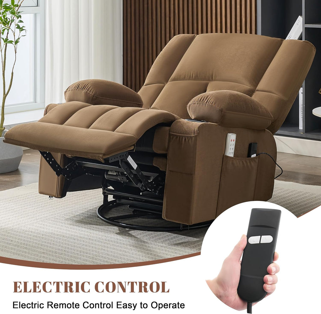 Rocker Recliner Chair with Heat and Massage, 360° Swivel Recliner Chairs for Adults, Oversized Recliner Single Sofa Seat with Cup Holders, Lazy Boy Recliner Single Sofa (Electric, Brown)