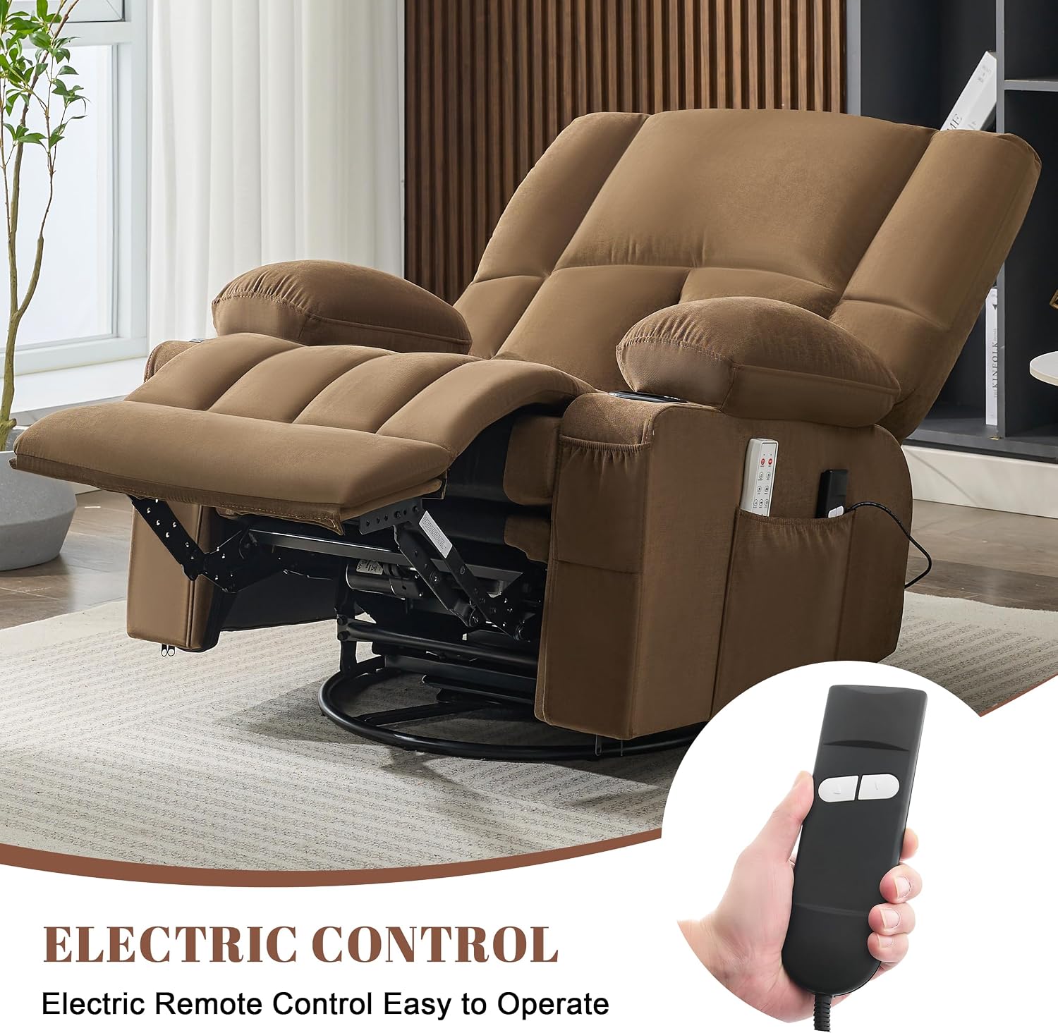 Rocker Recliner Chair with Heat and Massage, 360° Swivel Recliner Chairs for Adults, Oversized Recliner Single Sofa Seat with Cup Holders, Lazy Boy Recliner Single Sofa (Electric, Brown)